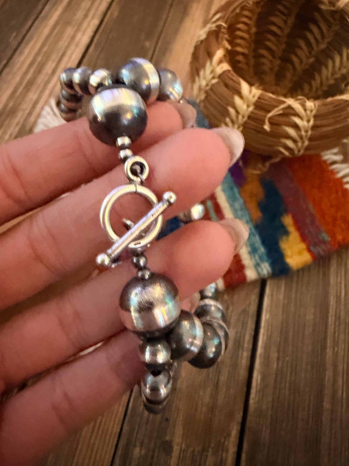 Handcrafted Sterling Silver Pearl Triple Strand Beaded Bracelet 8"