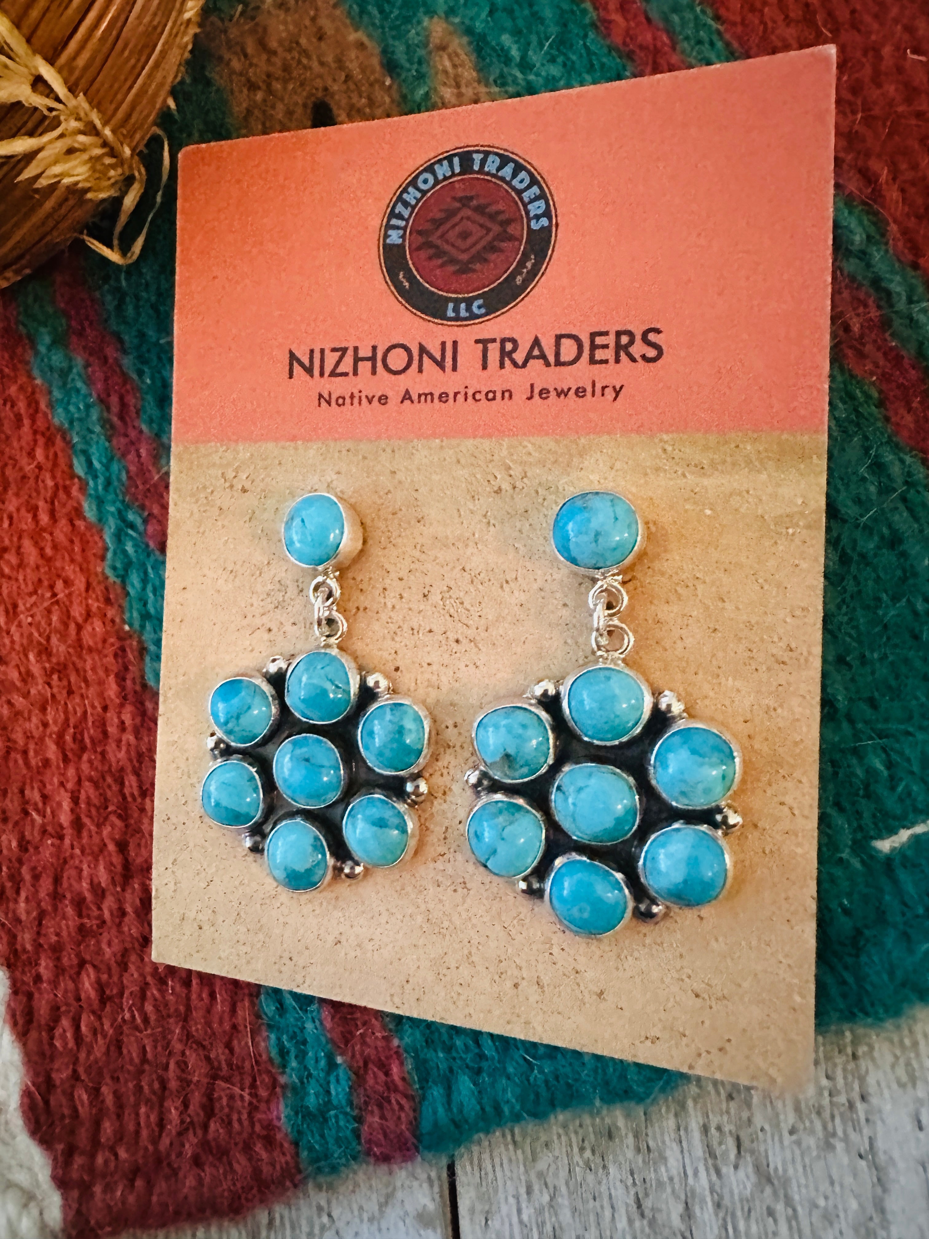 Handcrafted Sterling Silver & Turquoise Cluster Dangle Earrings