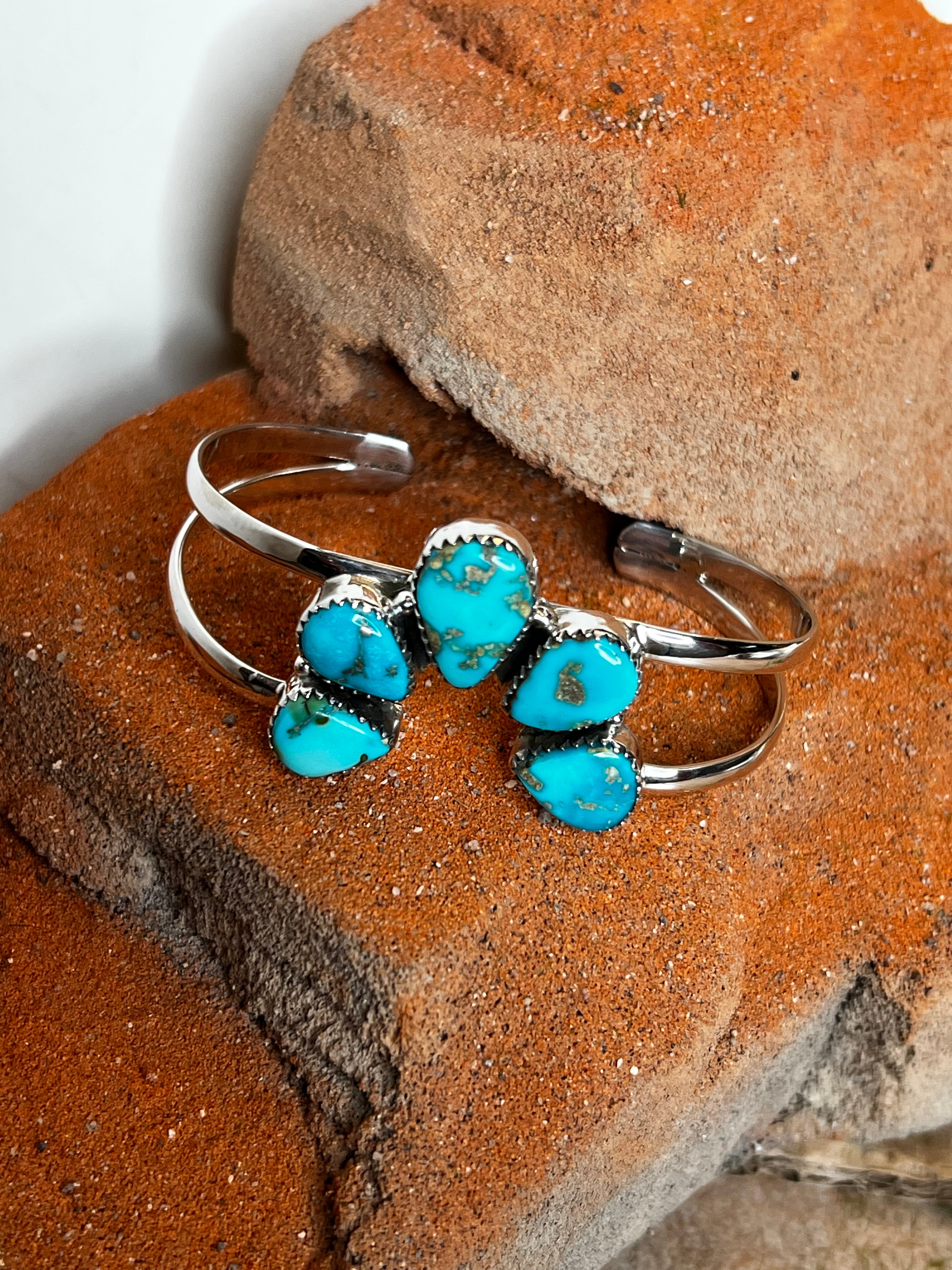 Handmade South Hill Turquoise Cluster & Sterling Silver Cuff Bracelet
