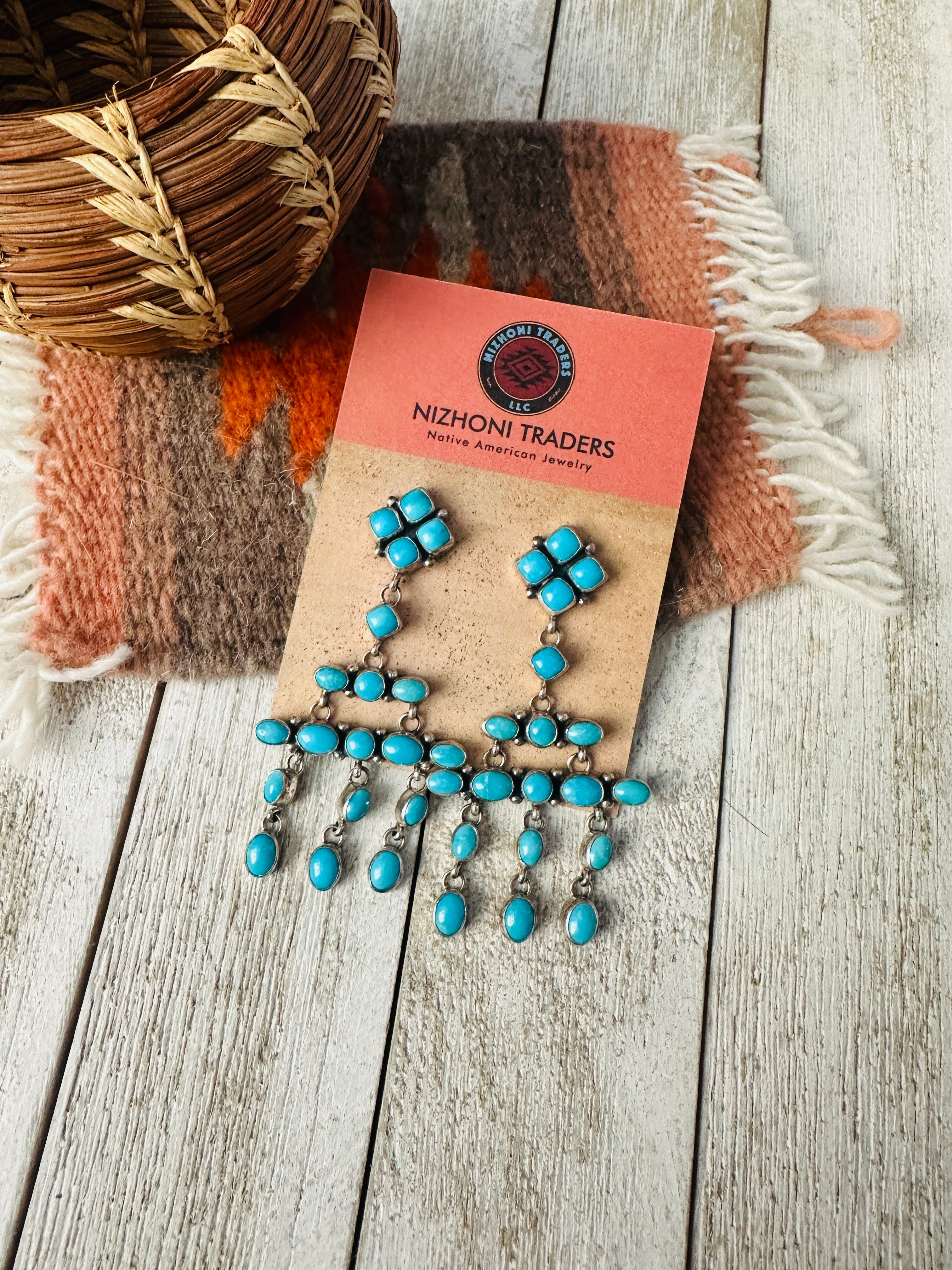 Navajo Sterling Silver & Turquoise Cluster Dangle Earrings