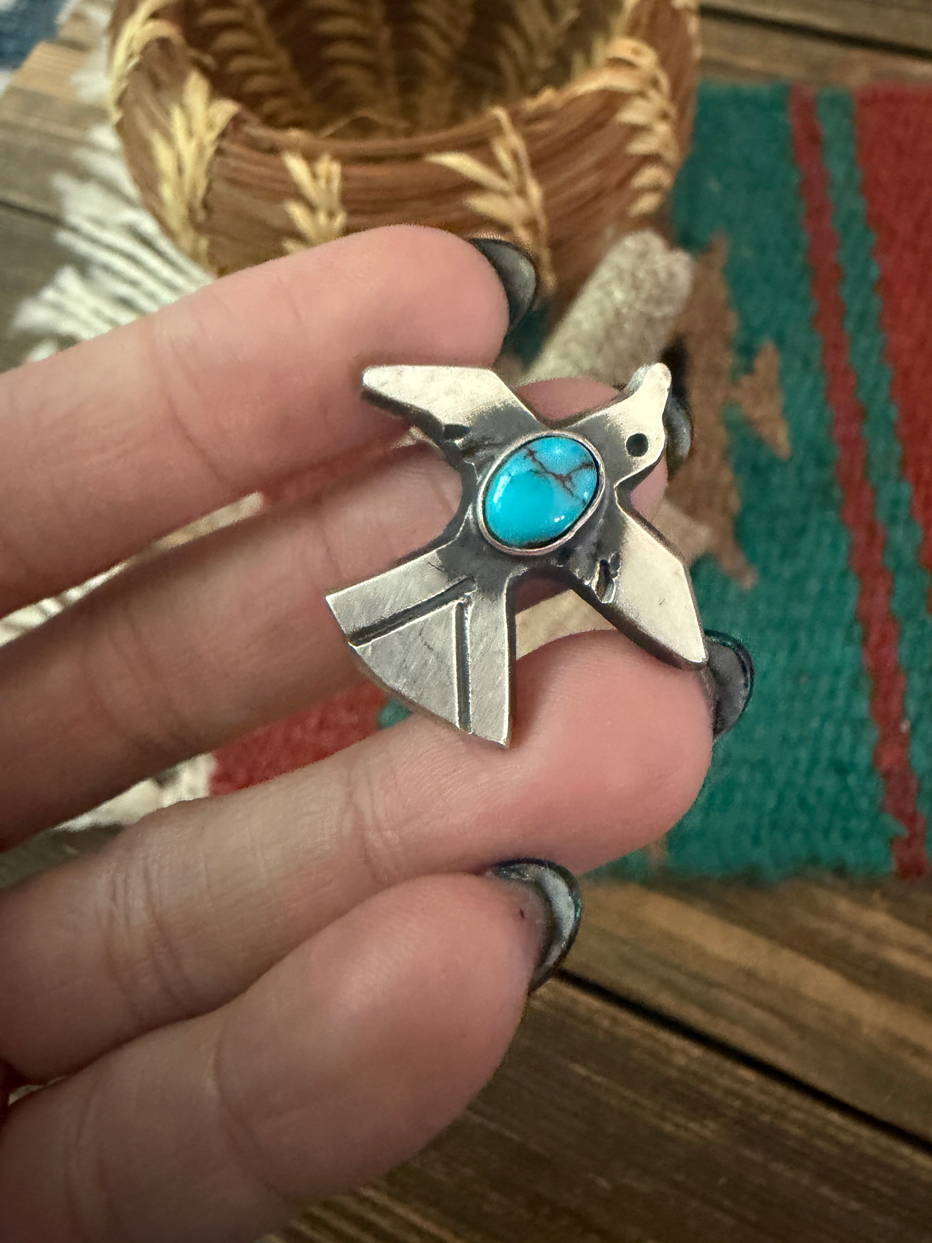 Handcrafted Turquoise and Sterling Silver Thunderbird Ring size 8.5 by Chimney Butte