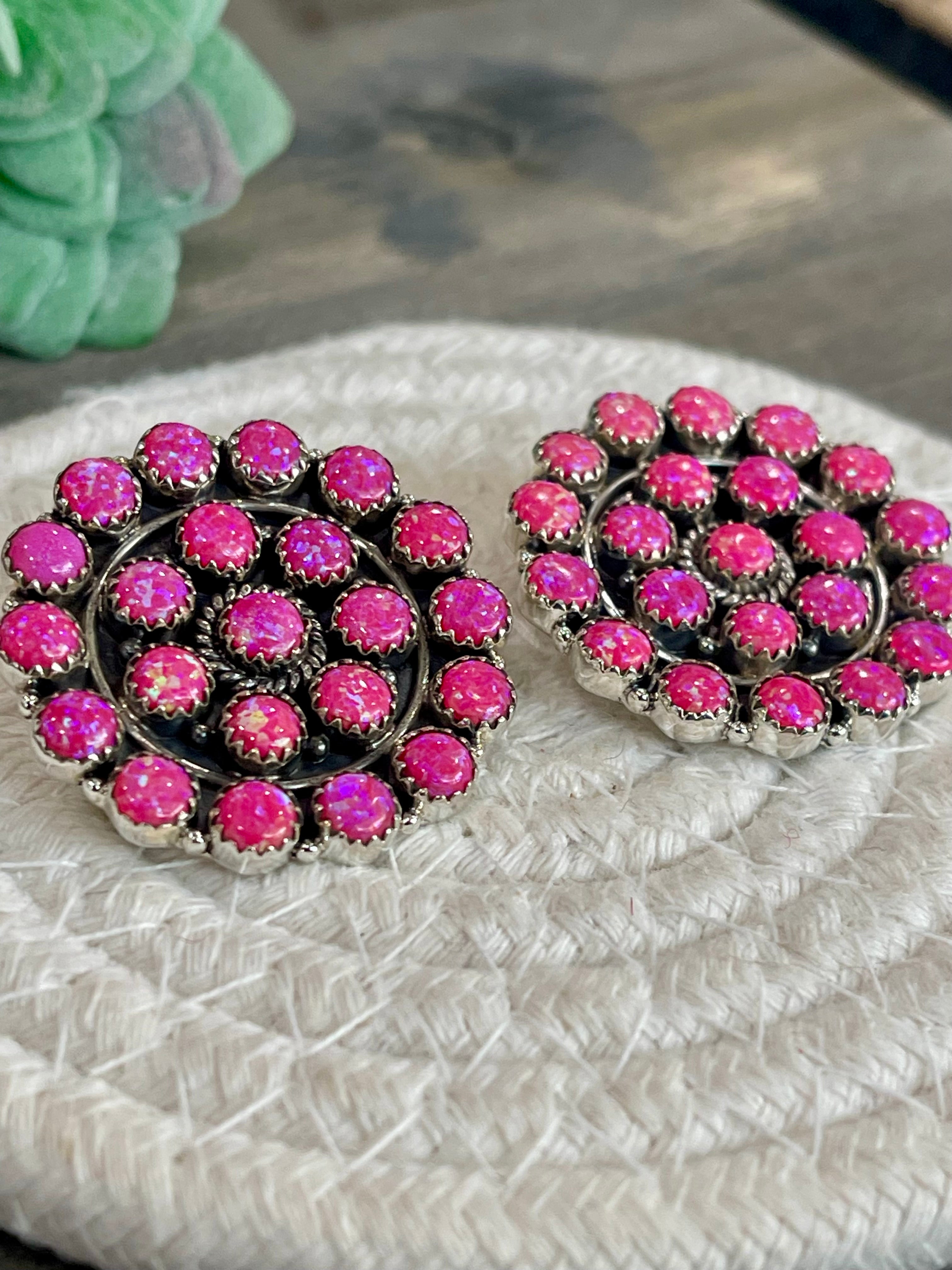 Handmade Sterling Silver & Hot Pink Fire Opal Post Earrings Signed Nizhoni