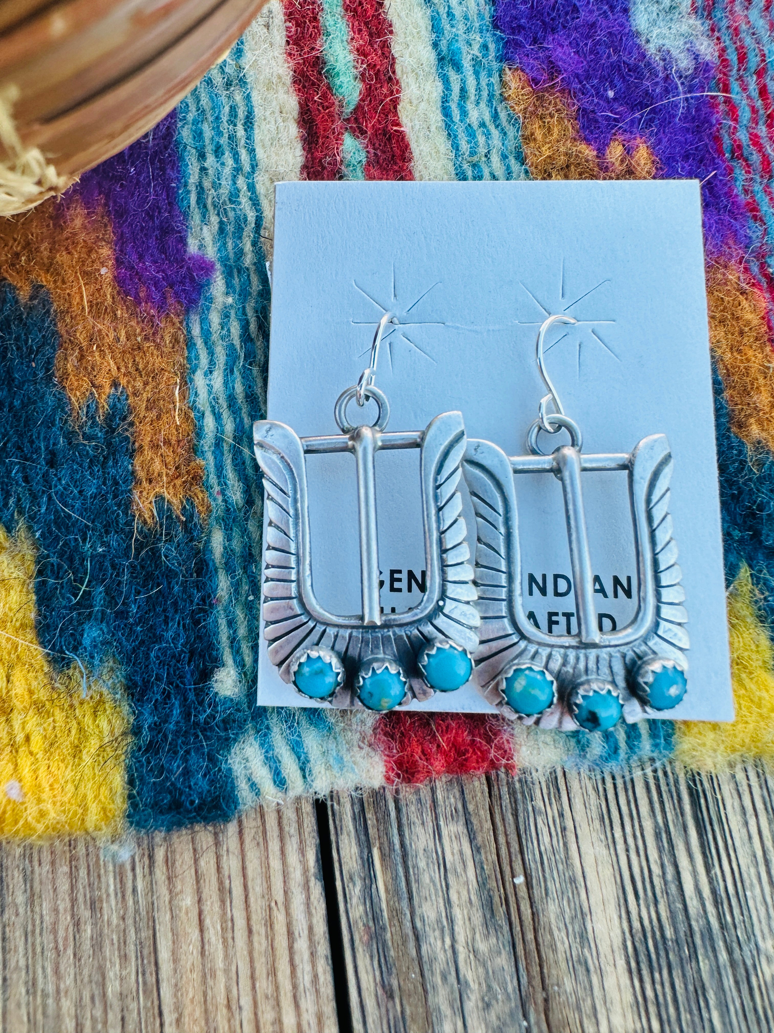 Handcrafted Turquoise & Sterling Silver Belt Buckle Dangle Earrings by Leroy James