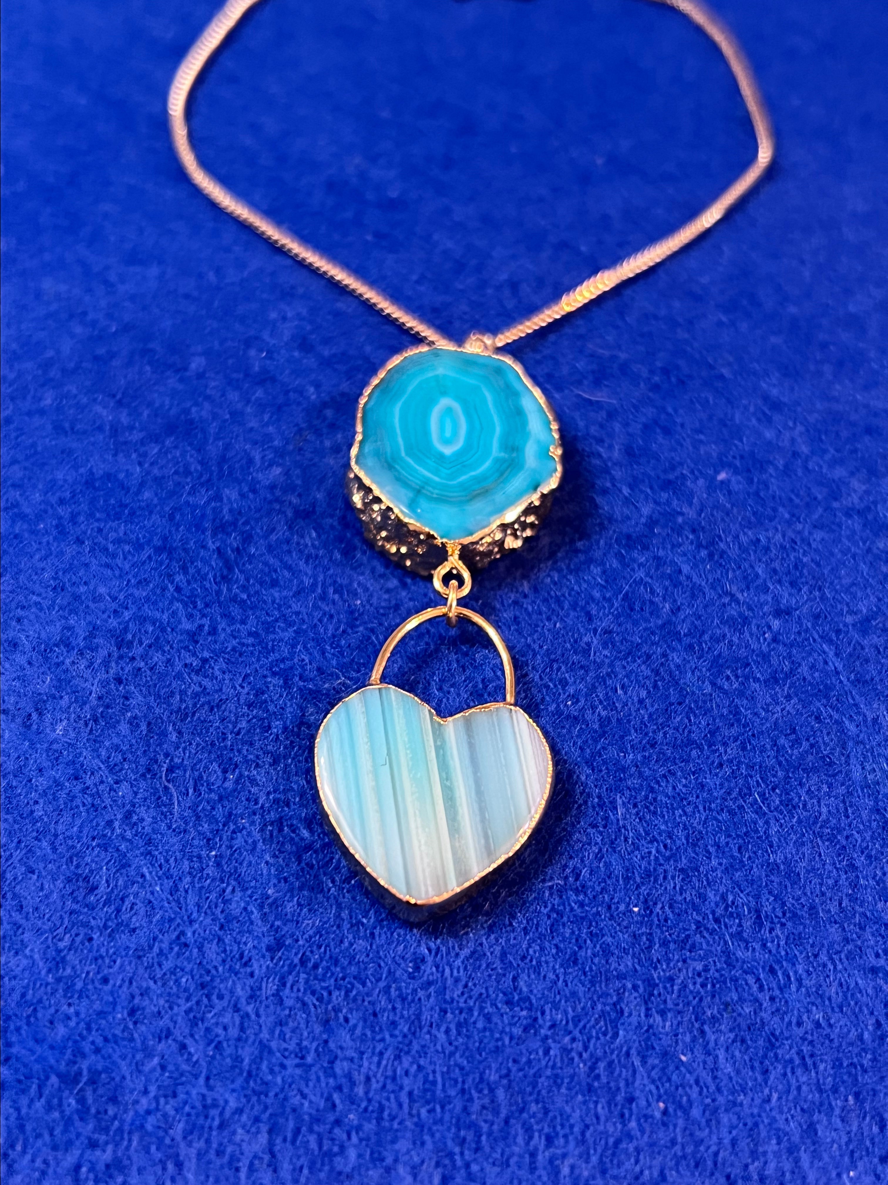 Handmade 14k Gold Druzy Plated Brass Dangle Heart & Blue Geode Adjustable Bracelet