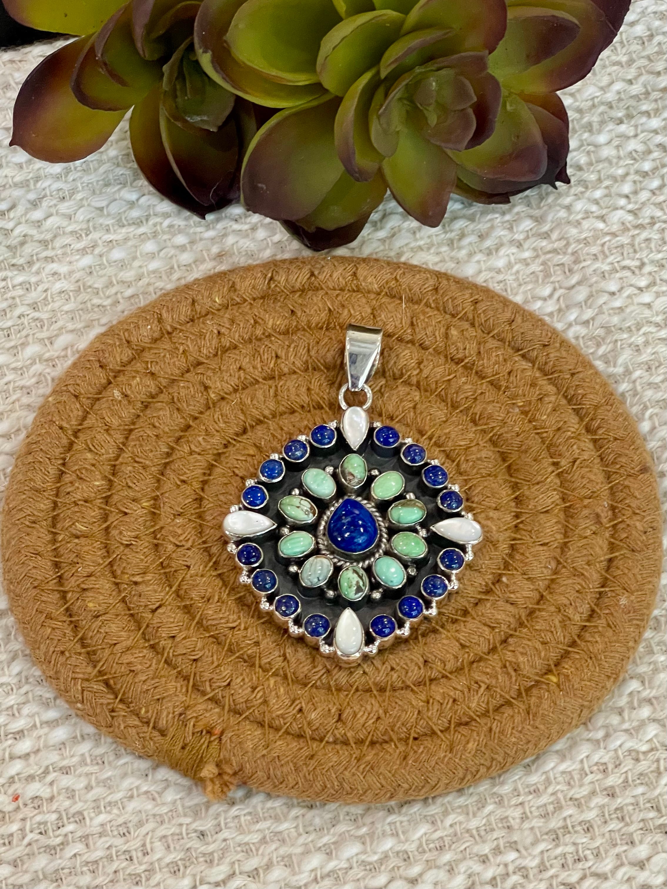 Handmade Sterling Silver, Lapis & Royston Cluster Pendant with Signed Nizhoni