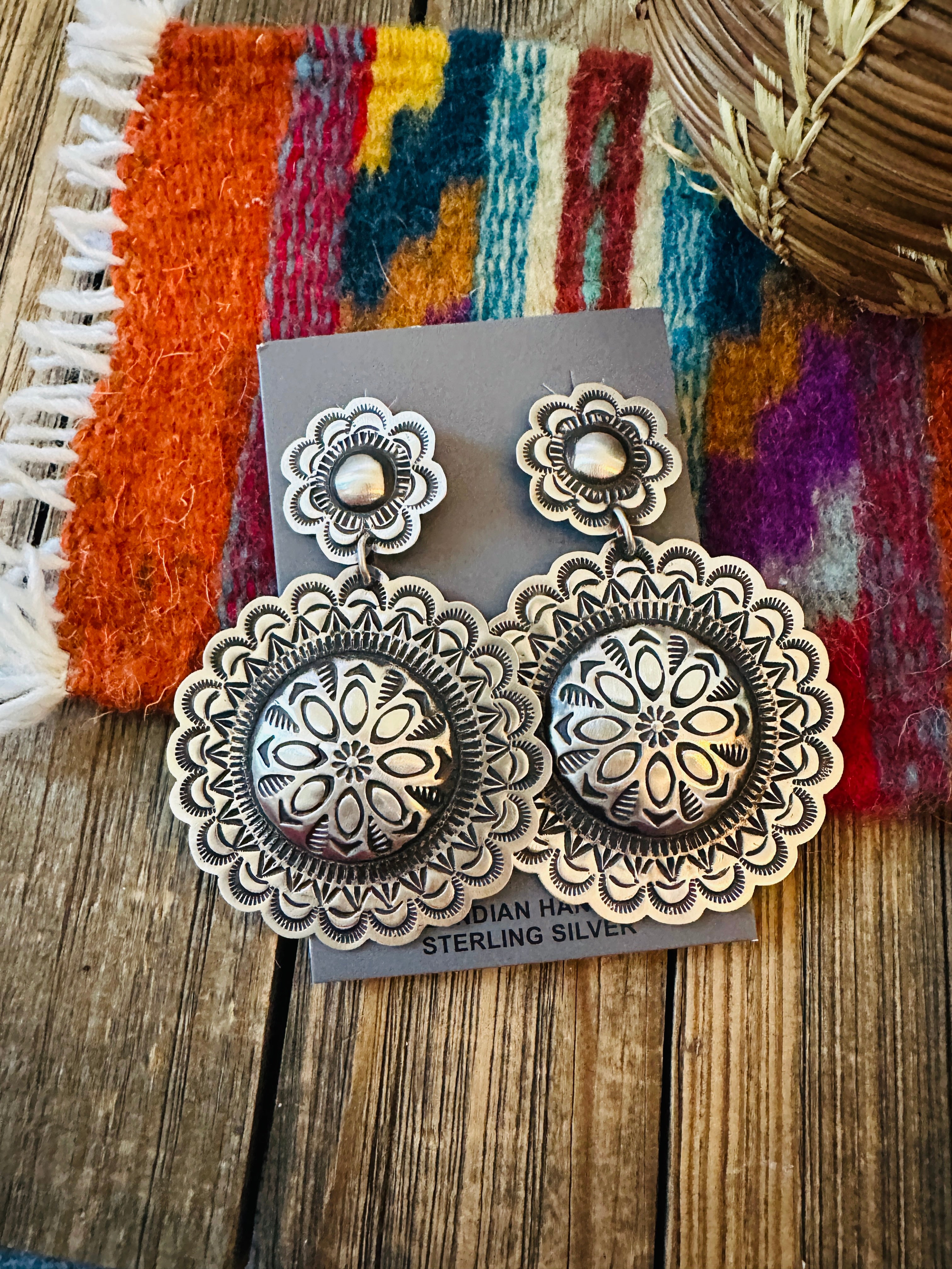 Handcrafted Sterling Silver Concho Dangle Earrings by Leander Tahe