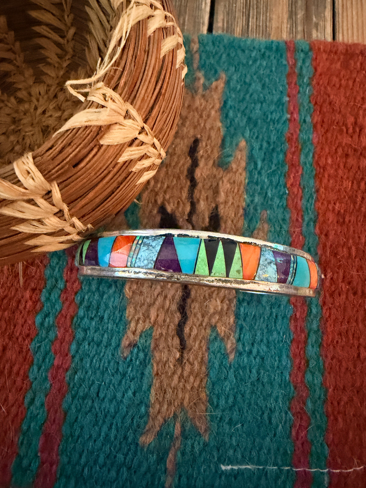 Handcrafted Old Pawn Sterling Silver & Multi Stone Inlay Cuff Bracelet