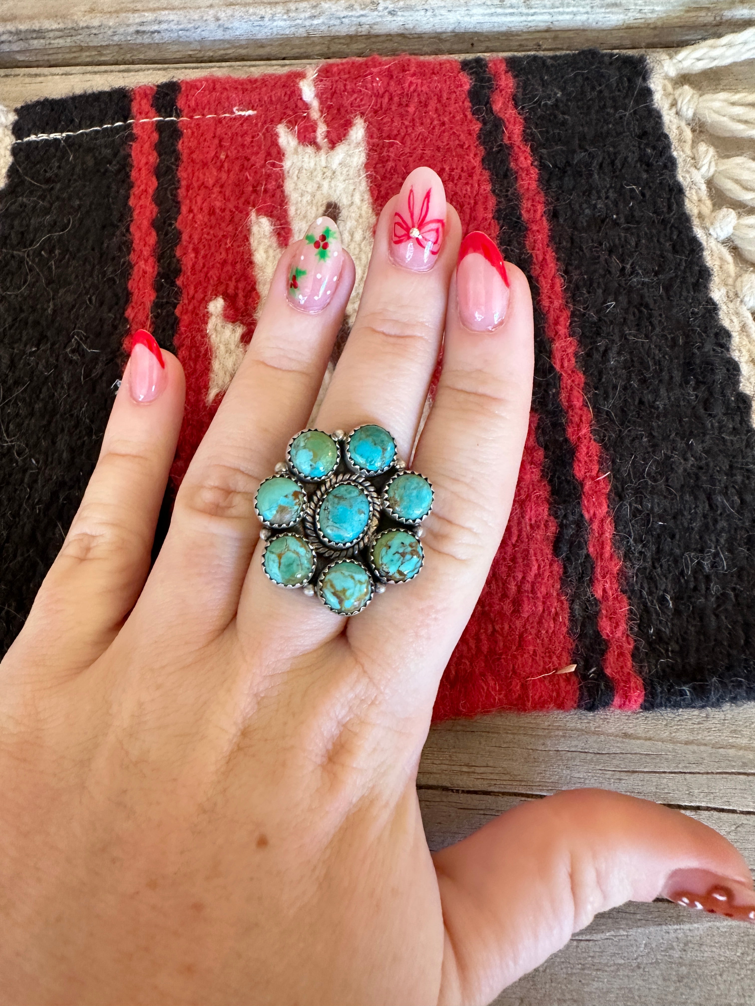 Beautiful Handmade Turquoise And Sterling Silver Adjustable Flower Ring