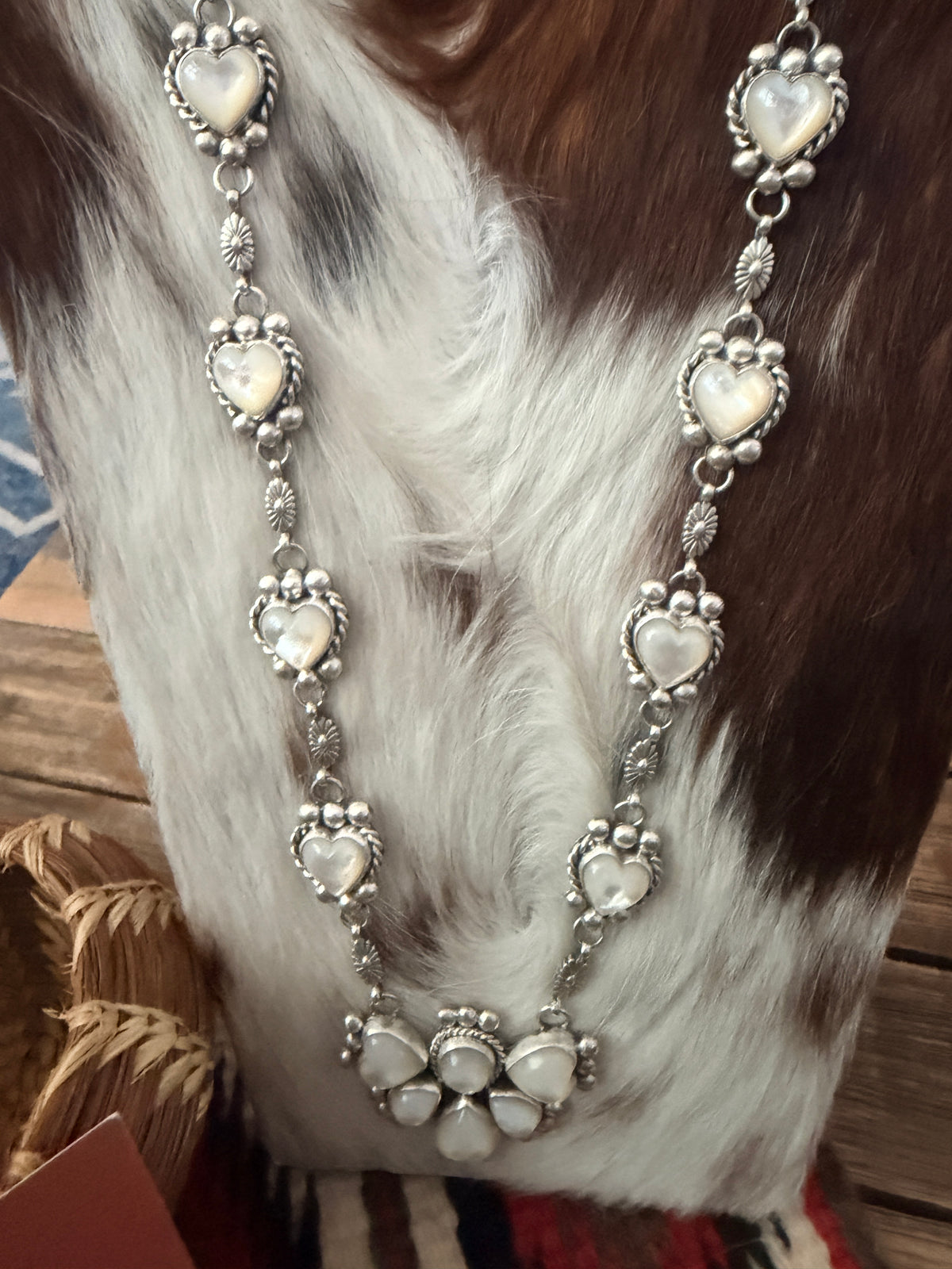 Handcrafted Mother of Pearl & Sterling Silver Cluster Necklace and Earring Set by Fred Francis