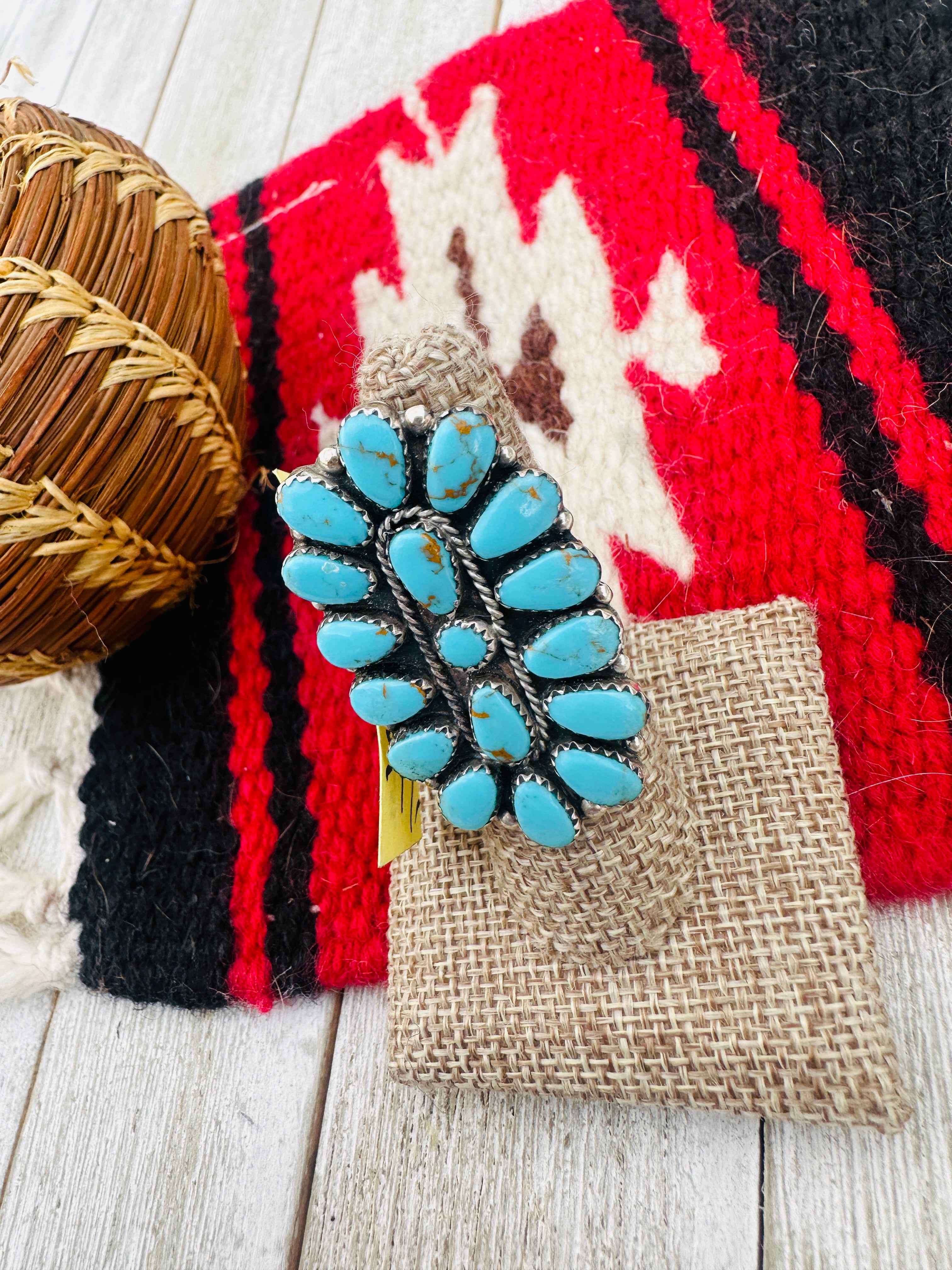 Old Pawn Handcrafted Turquoise & Sterling Silver Cluster Ring Size 9.5