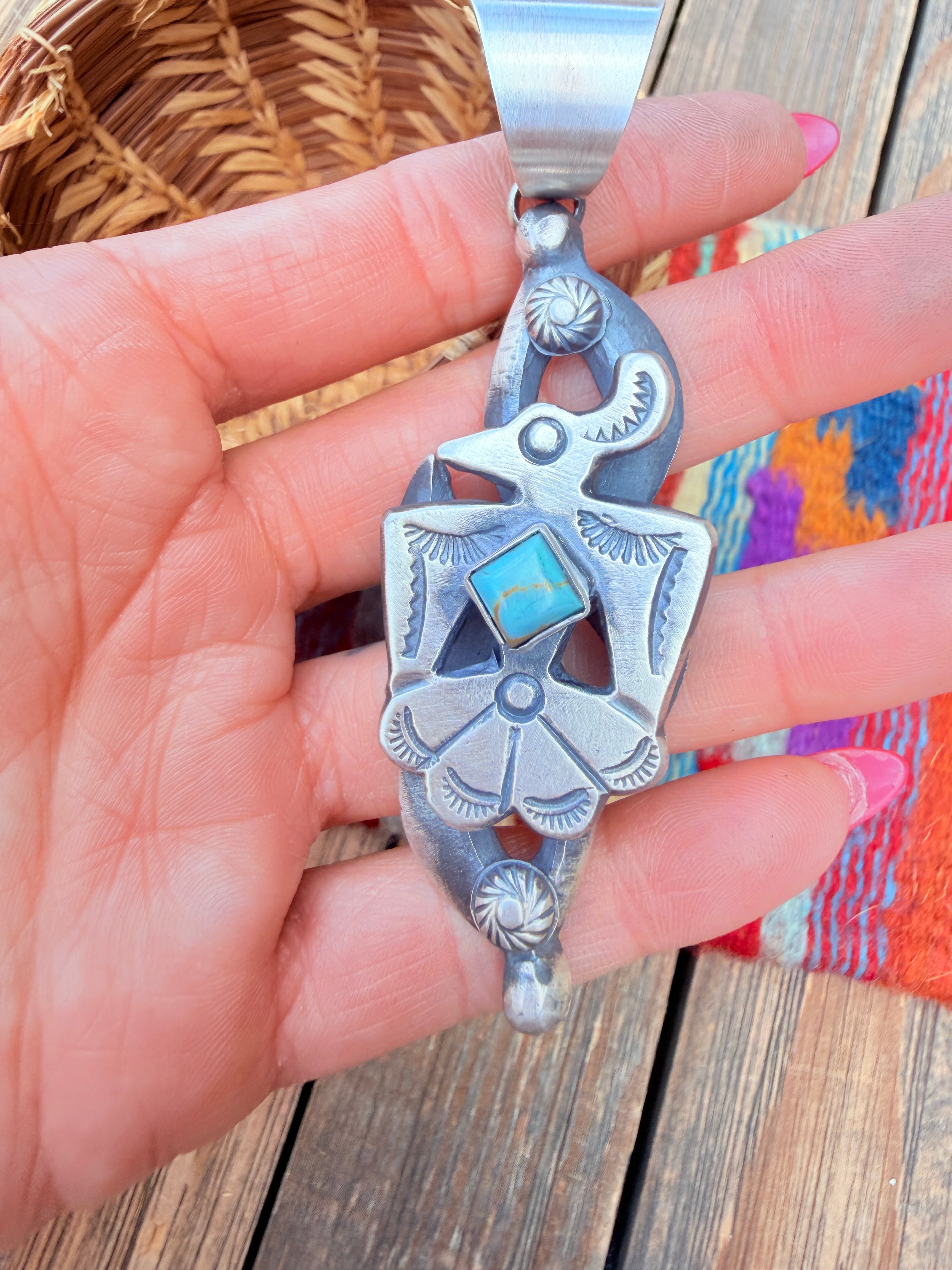 Handcrafted Sterling Silver & Turquoise Thunderbird Pendant by Chimney Butte