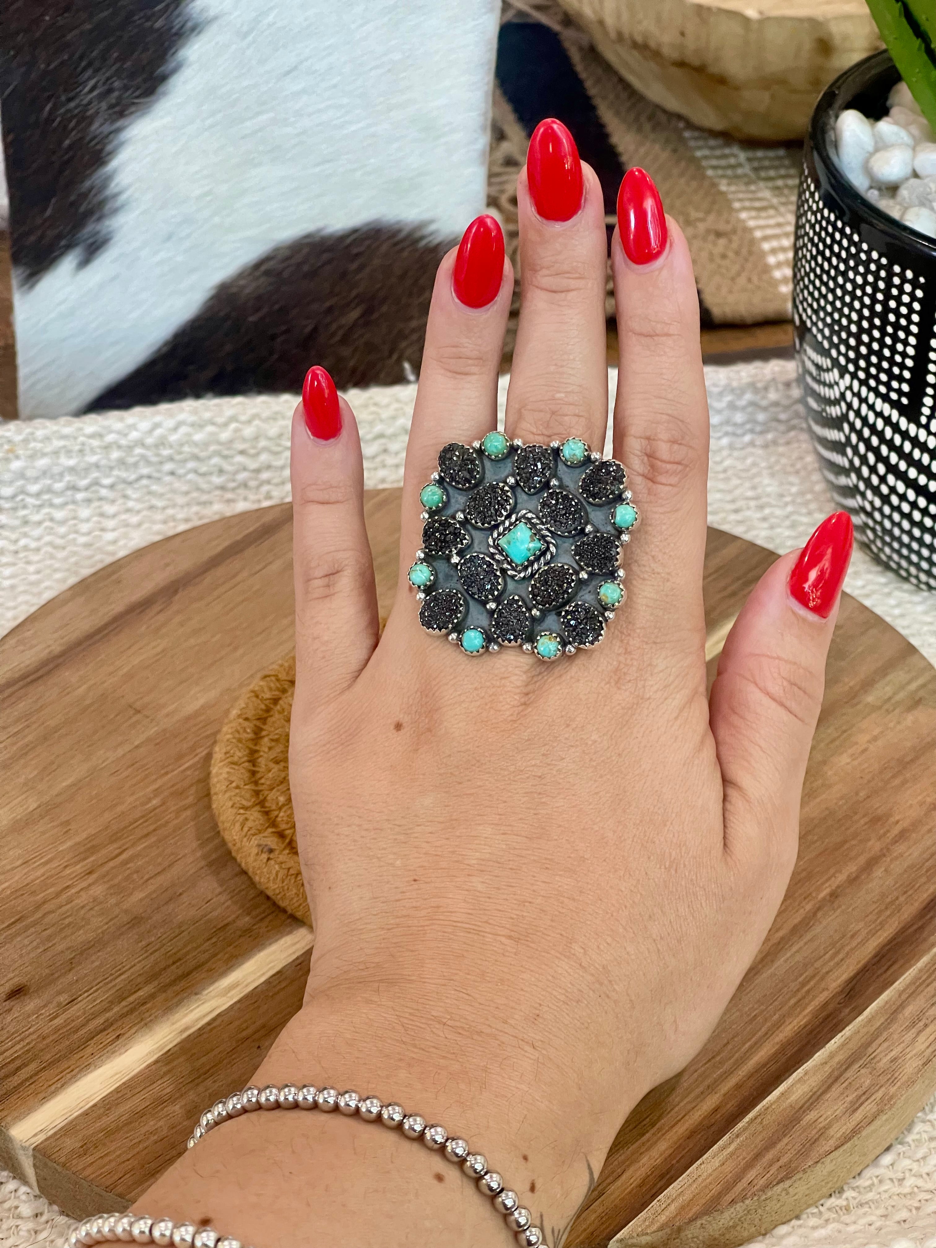 Handcrafted Sterling Silver, Kingman Turquoise & Druzy Adjustable Cluster Ring