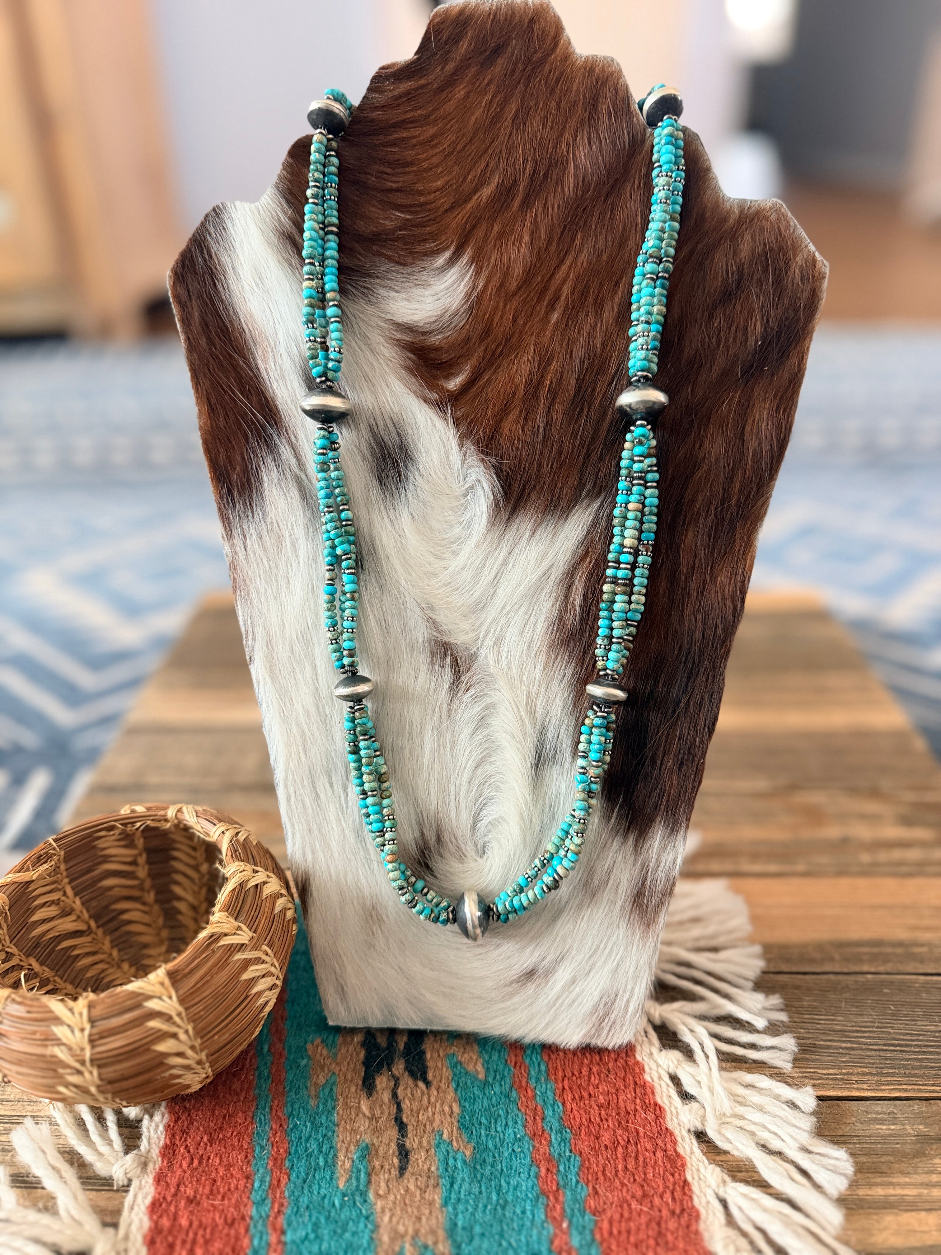 Handcrafted Turquoise & Sterling Silver Pearl 30" Beaded Necklace