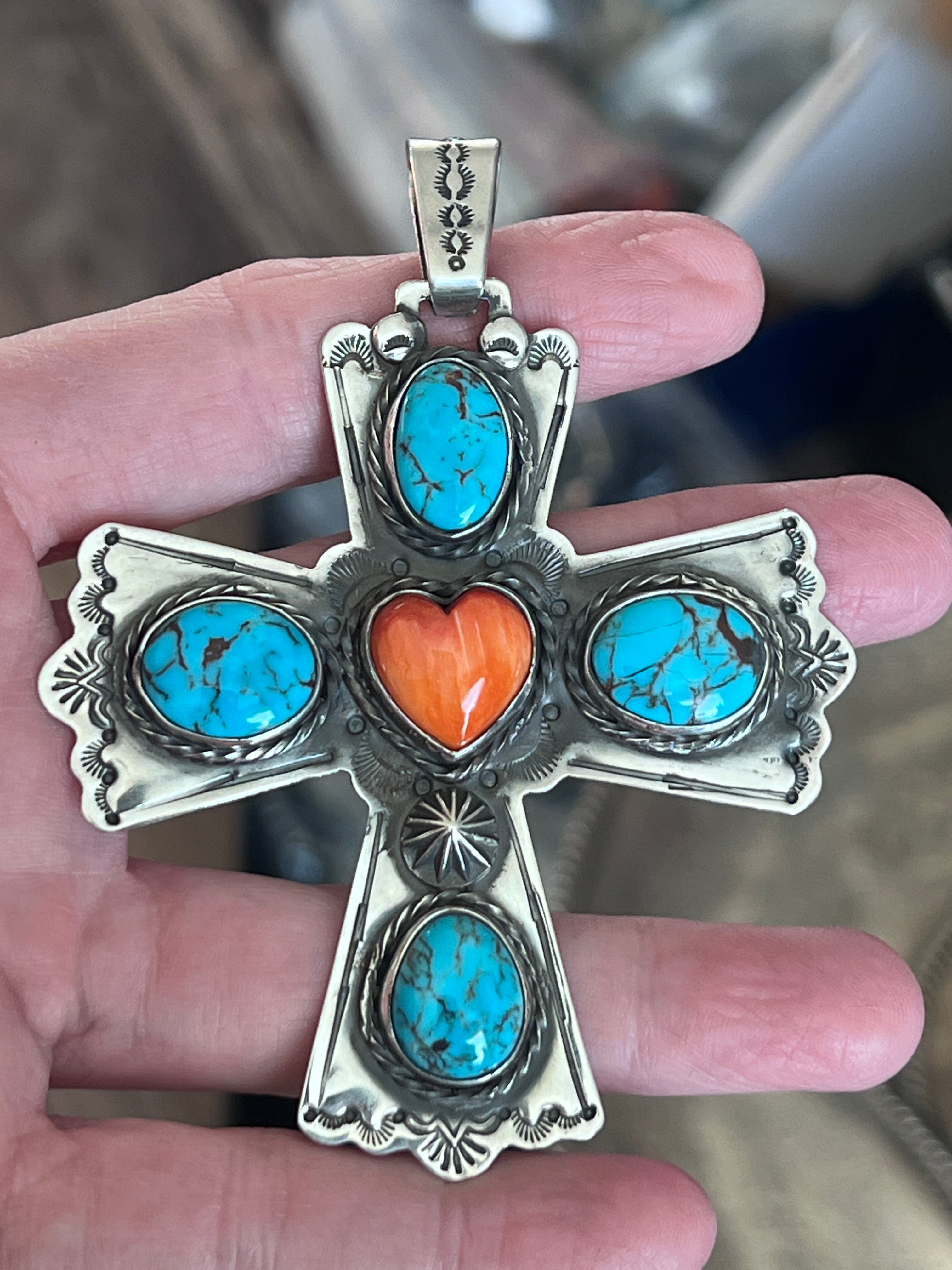 Hand Stamped Sterling Silver, Egyptian Turquoise & Spiny Oyster Cross Pendant by Kimari Somers