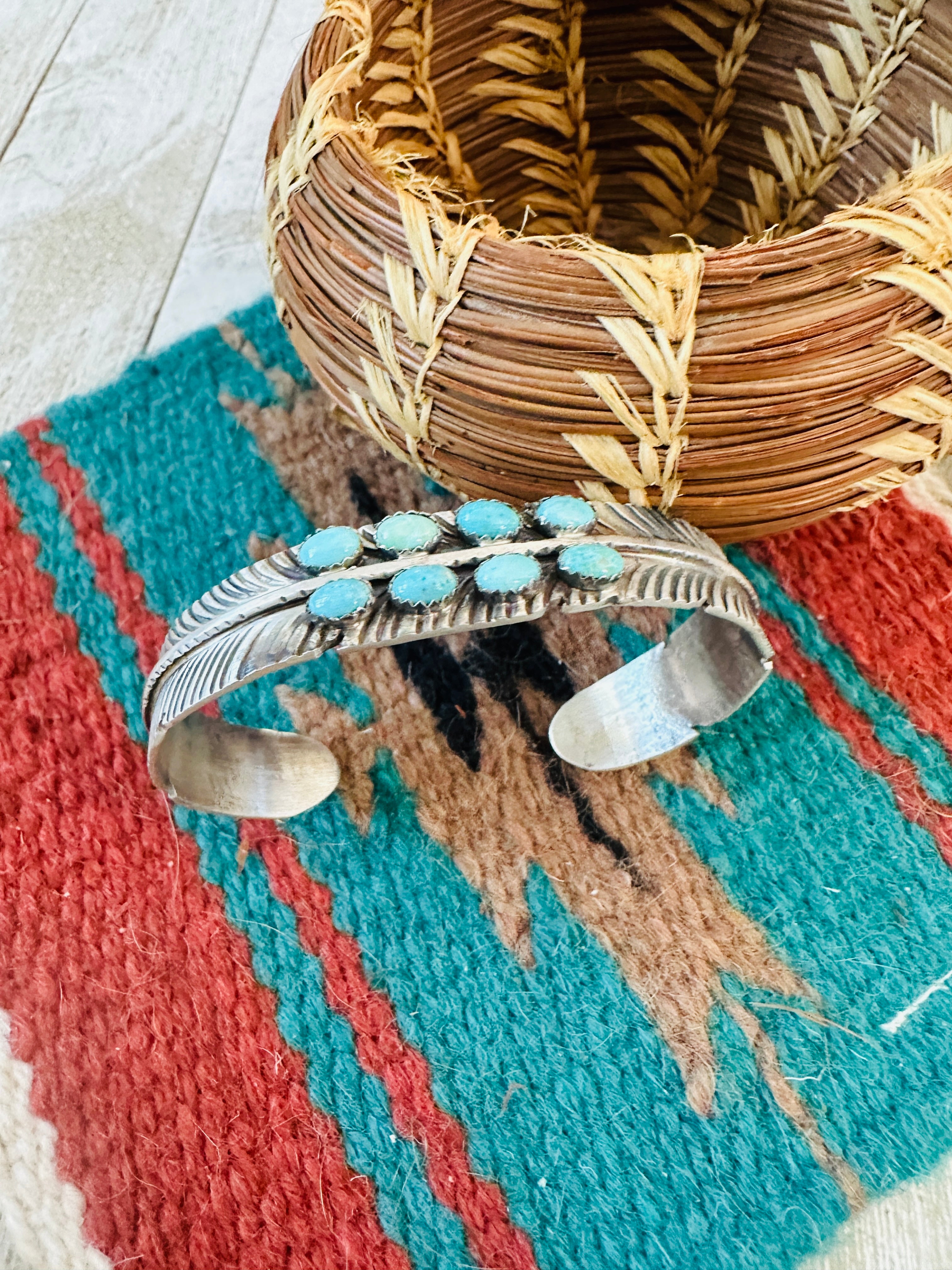 Handcrafted Turquoise & Sterling Silver Feather Cuff Bracelet /