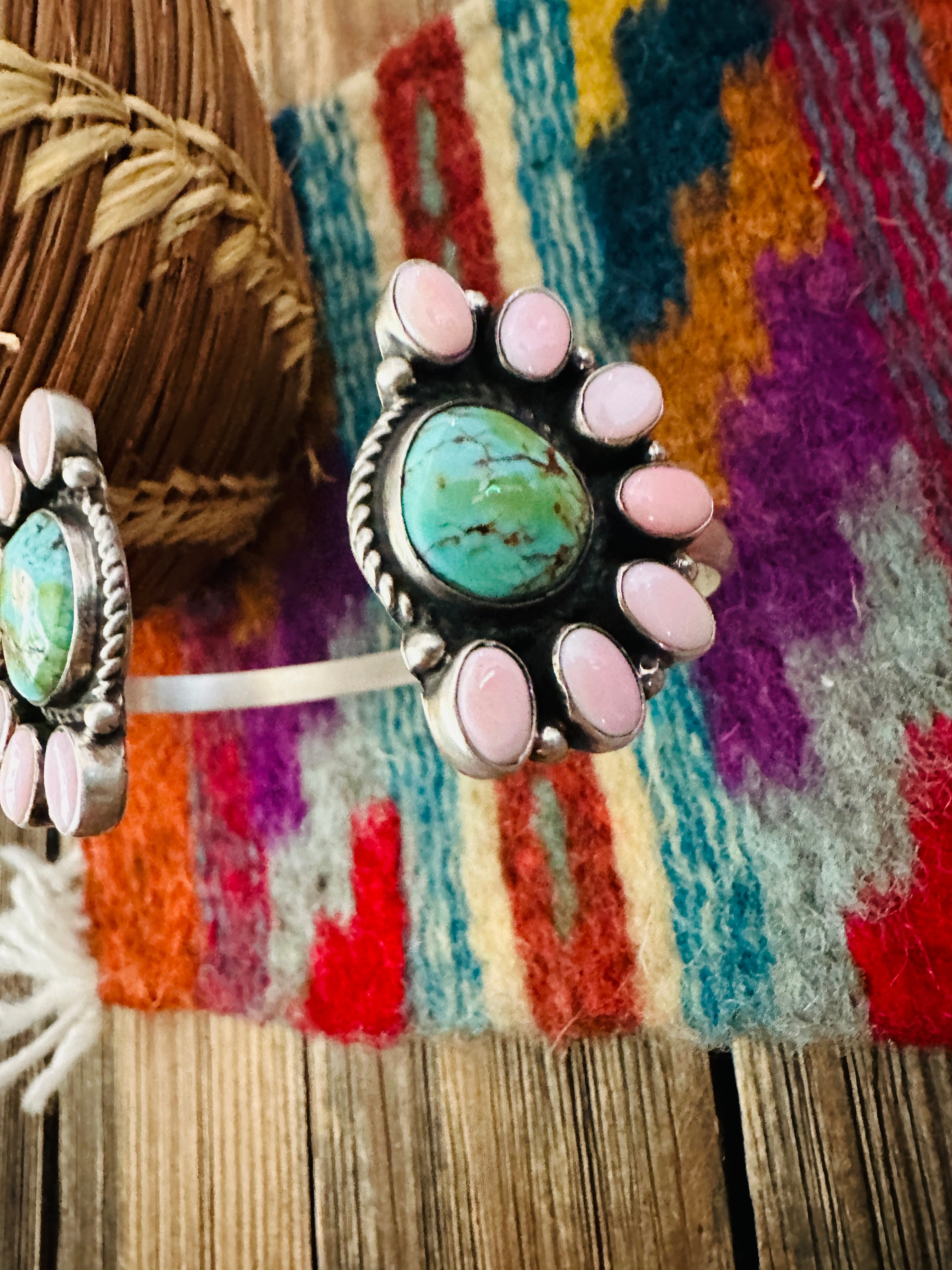 Handcrafted Queen Pink Conch, Turquoise & Sterling Silver Floating Cuff Bracelet by Geraldine James