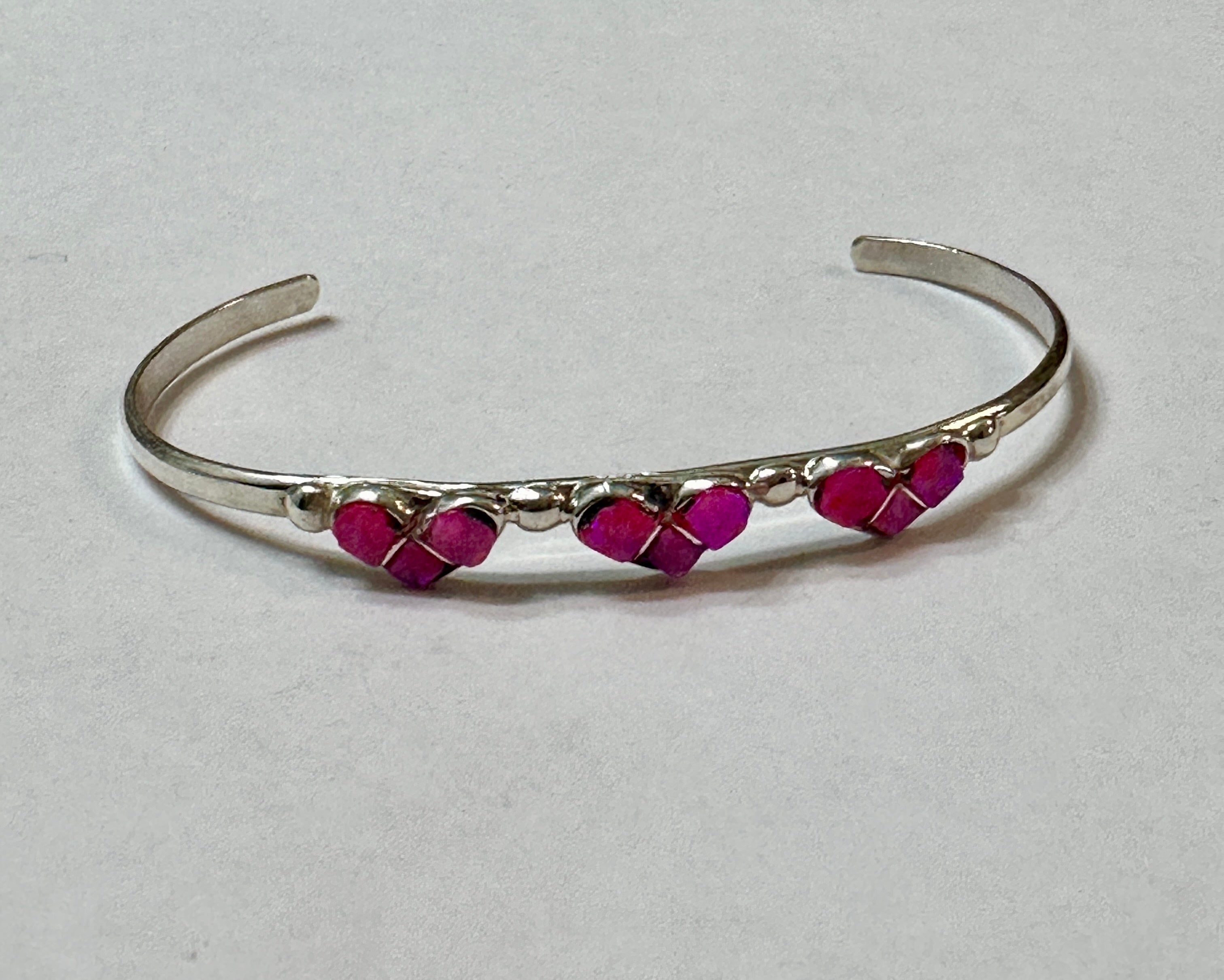 Sterling Silver Opal Three Hot Pink Hearts Baby Cuff Bracelet