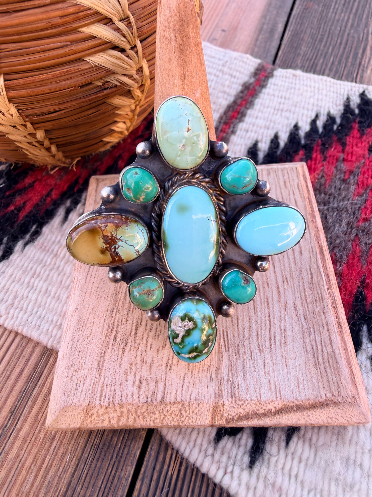 Handcrafted Turquoise & Sterling Silver Cluster Adjustable Ring