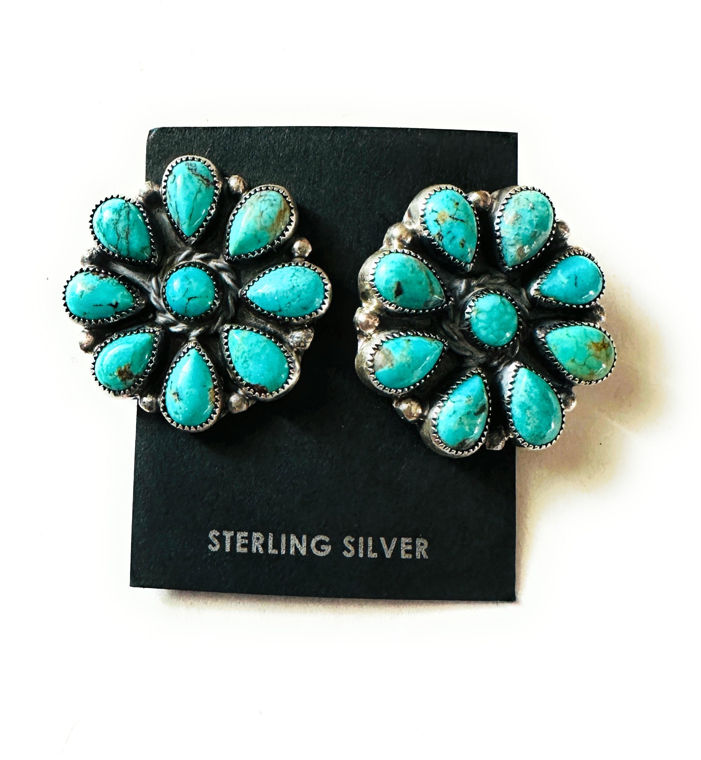 Handcrafted Sterling Silver & Turquoise Cluster Stud Earrings 1 1/8”