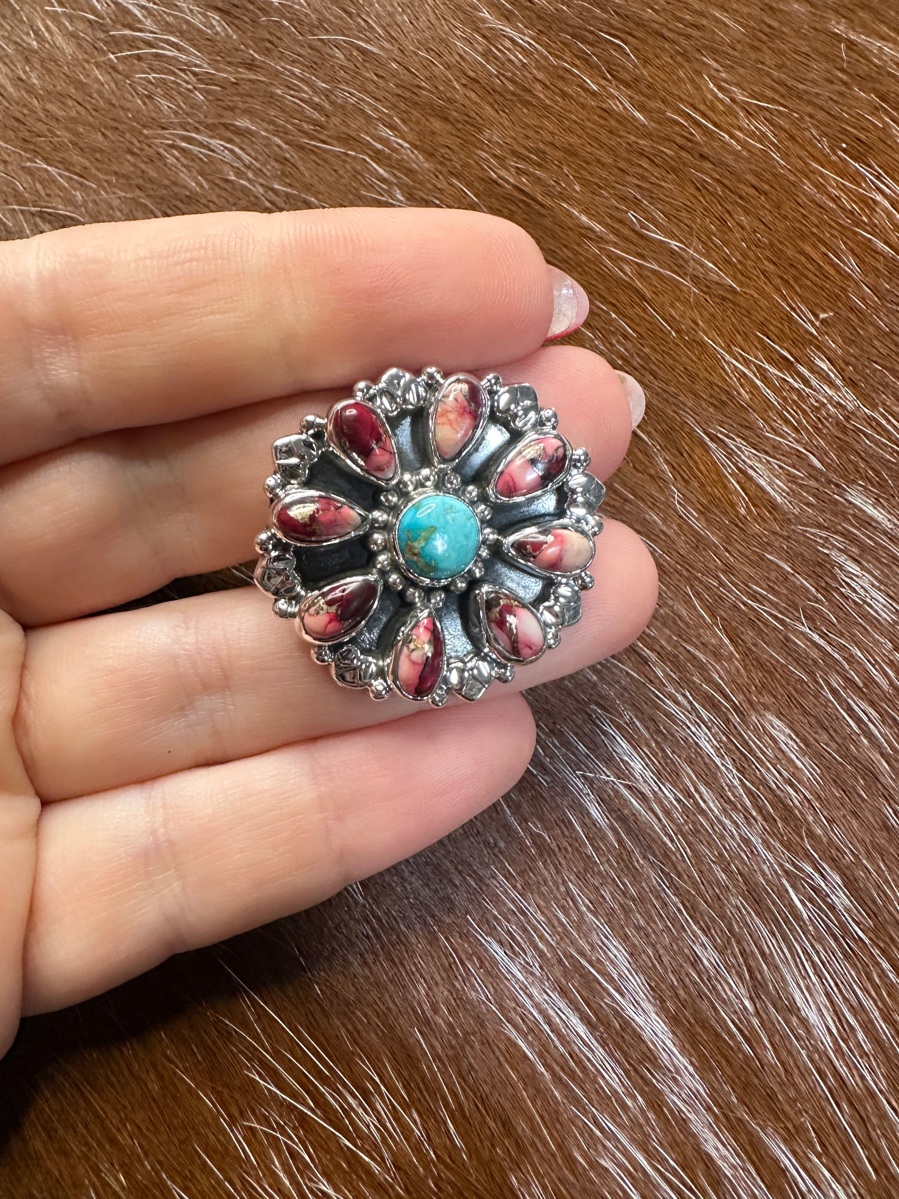 Handmade Dahlia Rose, Turquoise & Sterling Silver Adjustable Cluster Flower Ring