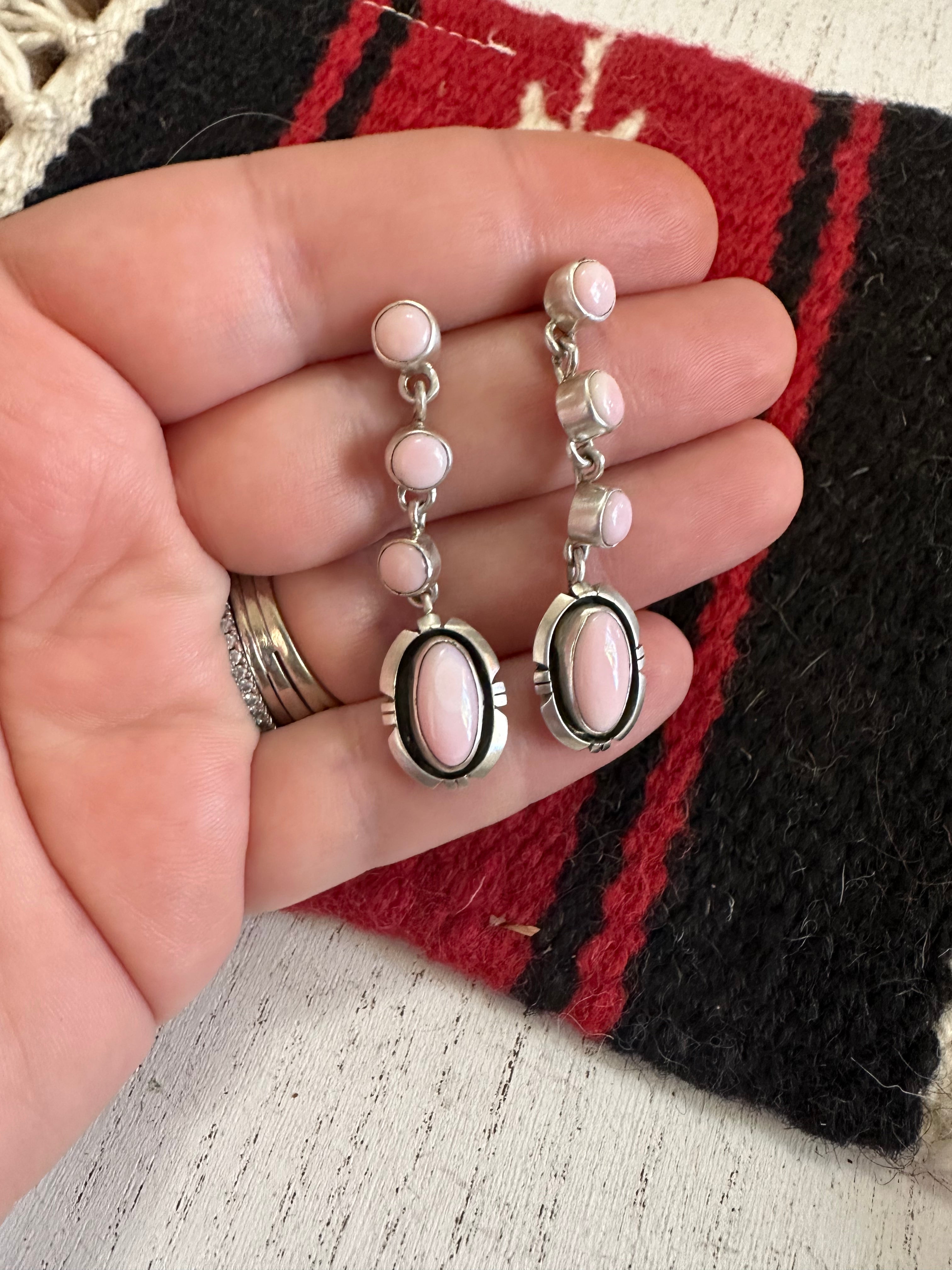 Handcrafted Sterling Silver Pink Conch 4 Stone Dangle Earrings