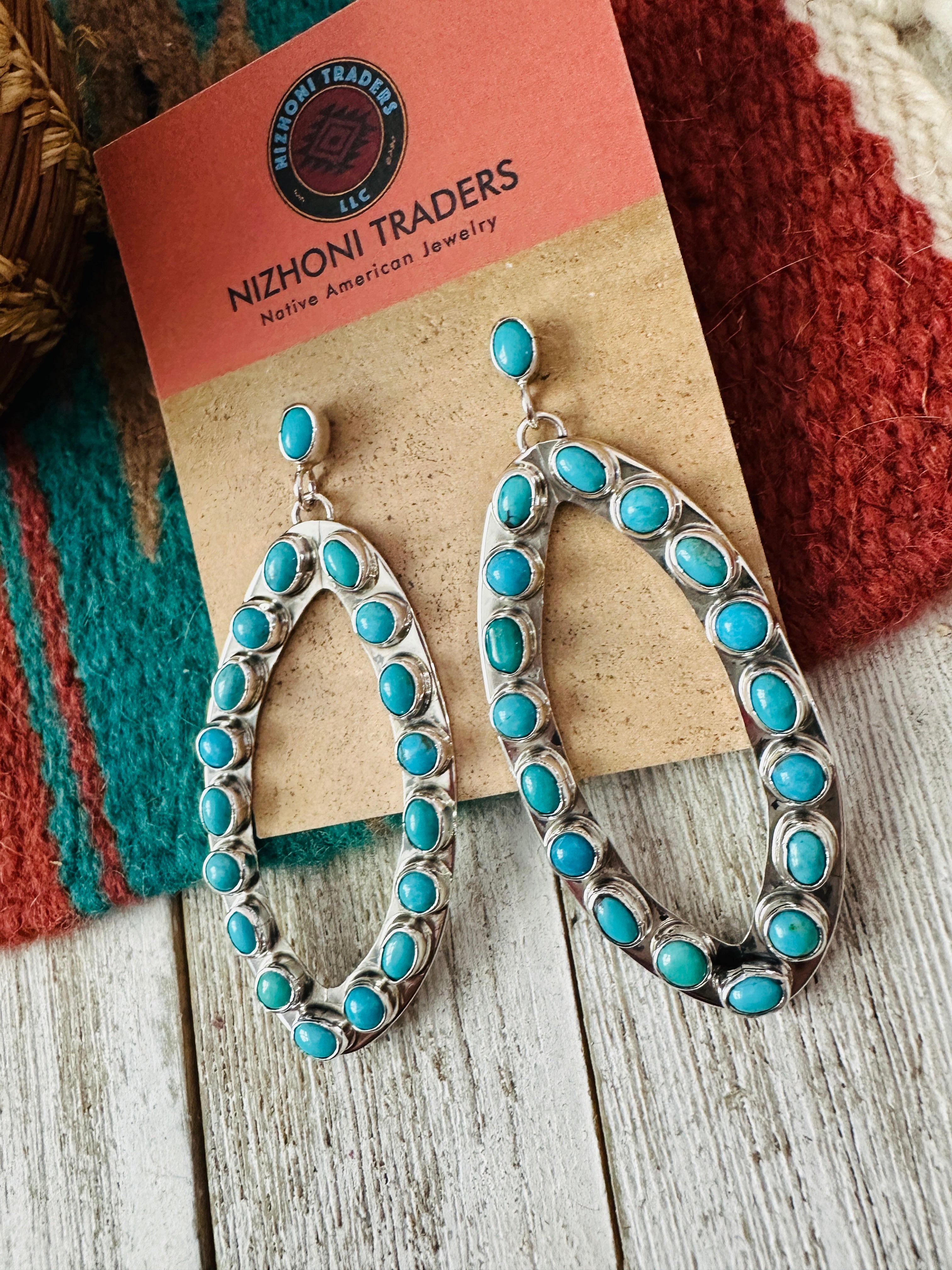 Navajo Sterling Silver & Turquoise Cluster Dangle Earrings