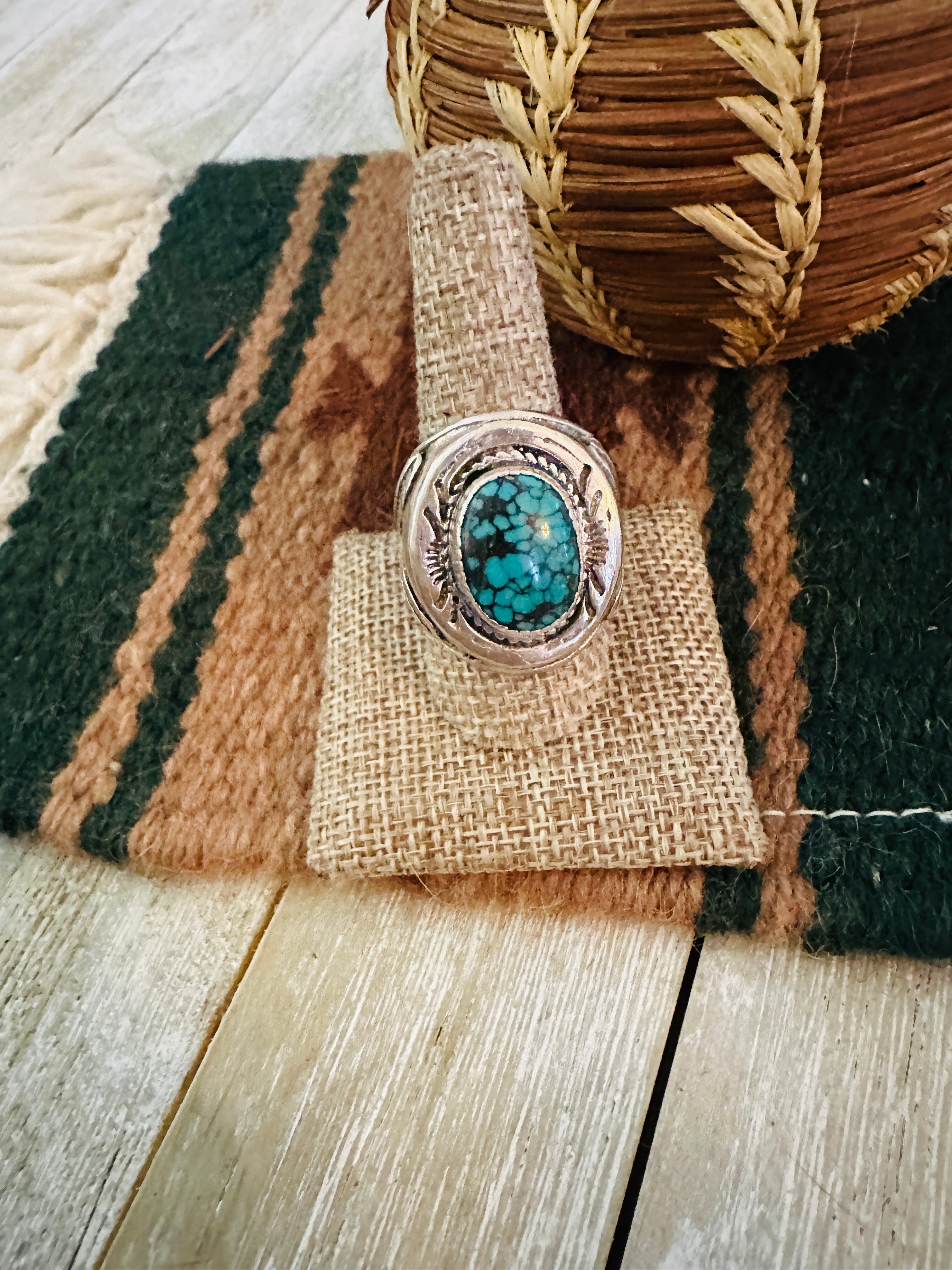 Old Pawn Handcrafted Turquoise & Sterling Silver Ring Size 9.5