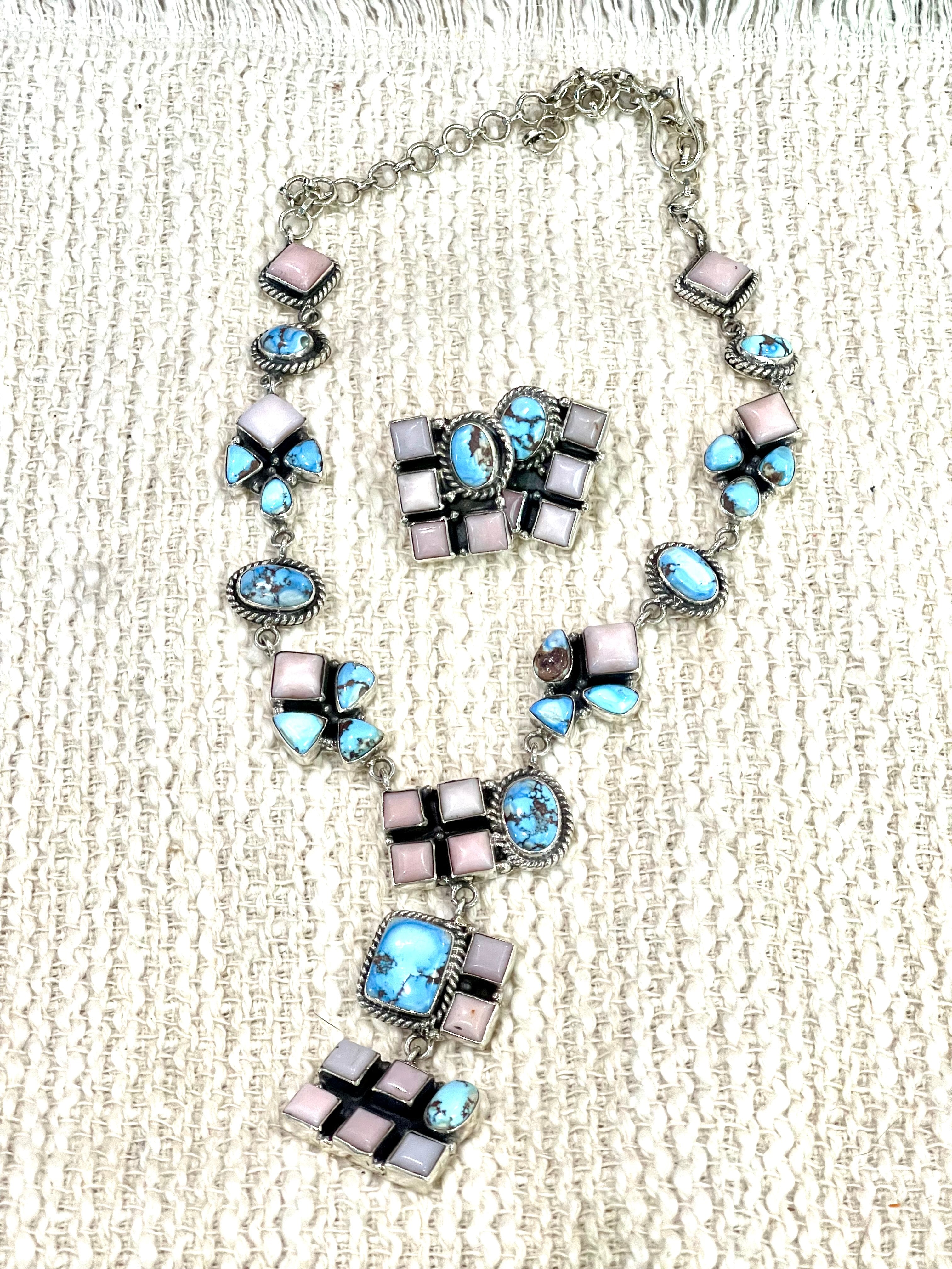 Beautiful Handmade Sterling Silver Golden Hills Turquoise Pink Opal Necklace Set