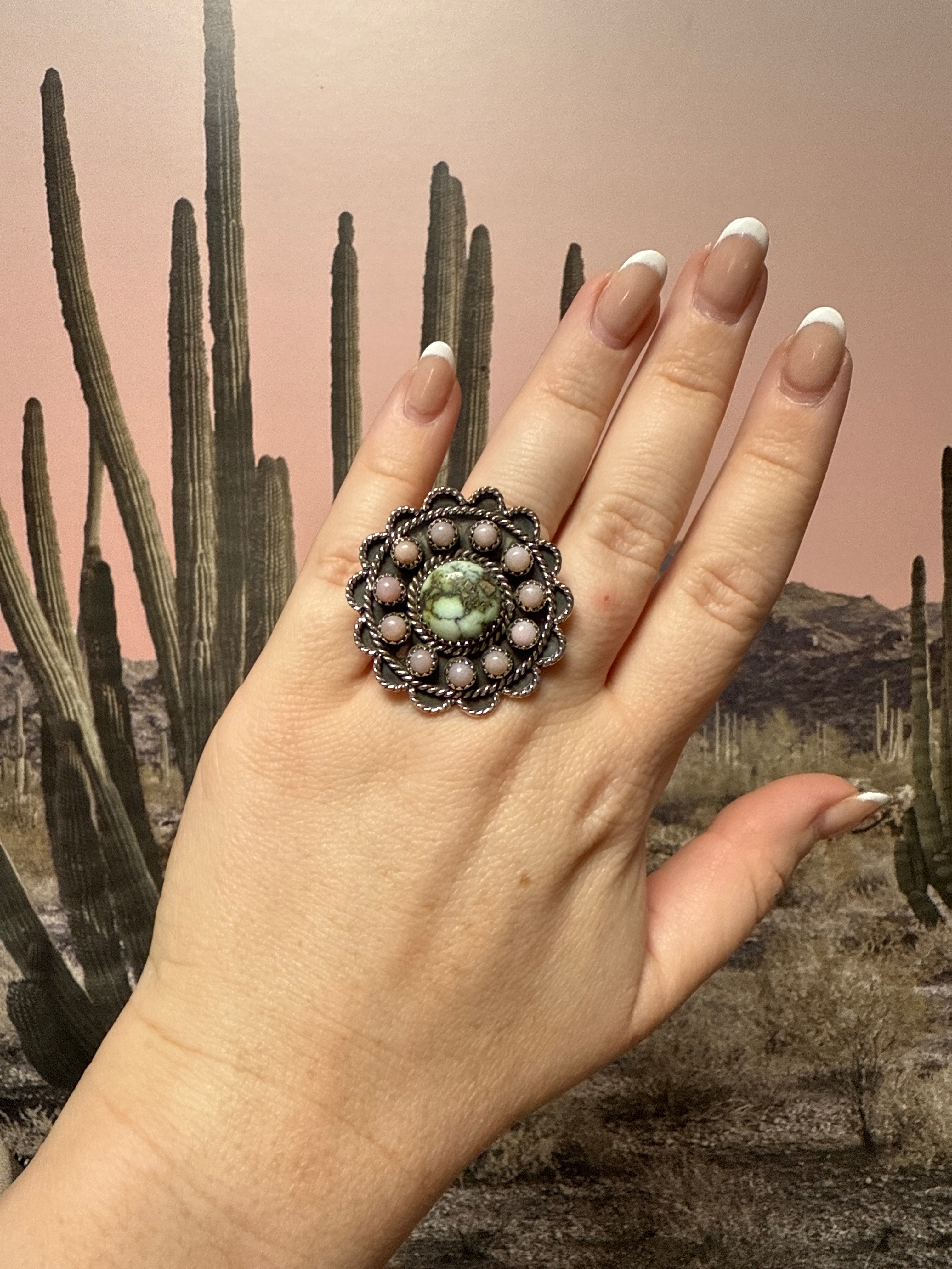 Handmade Pink Conch & Palomino Turquoise Sterling Adjustable Ring