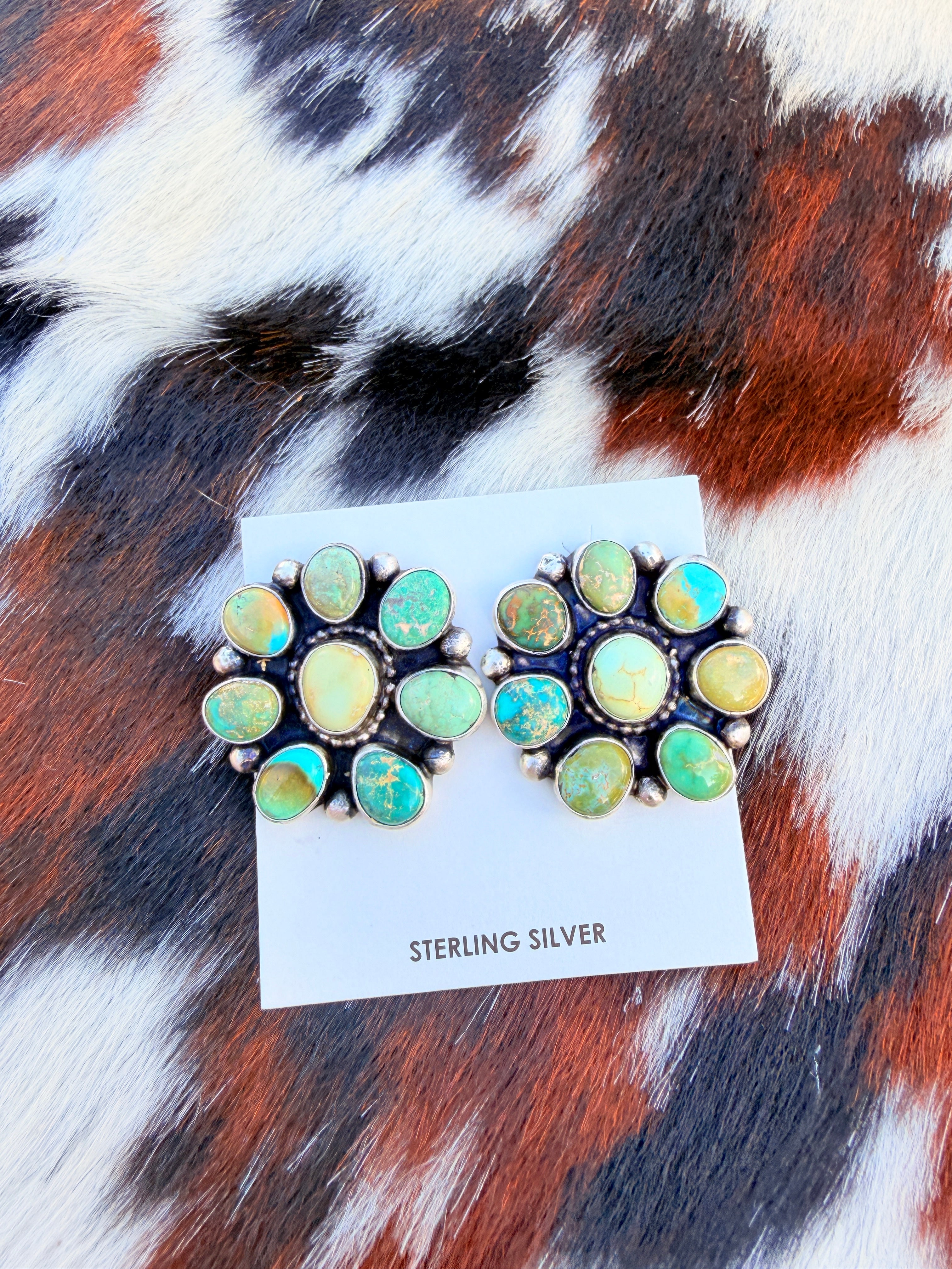 Handcrafted Royston Turquoise & Sterling Silver Cluster Post Earrings by Travis Jim