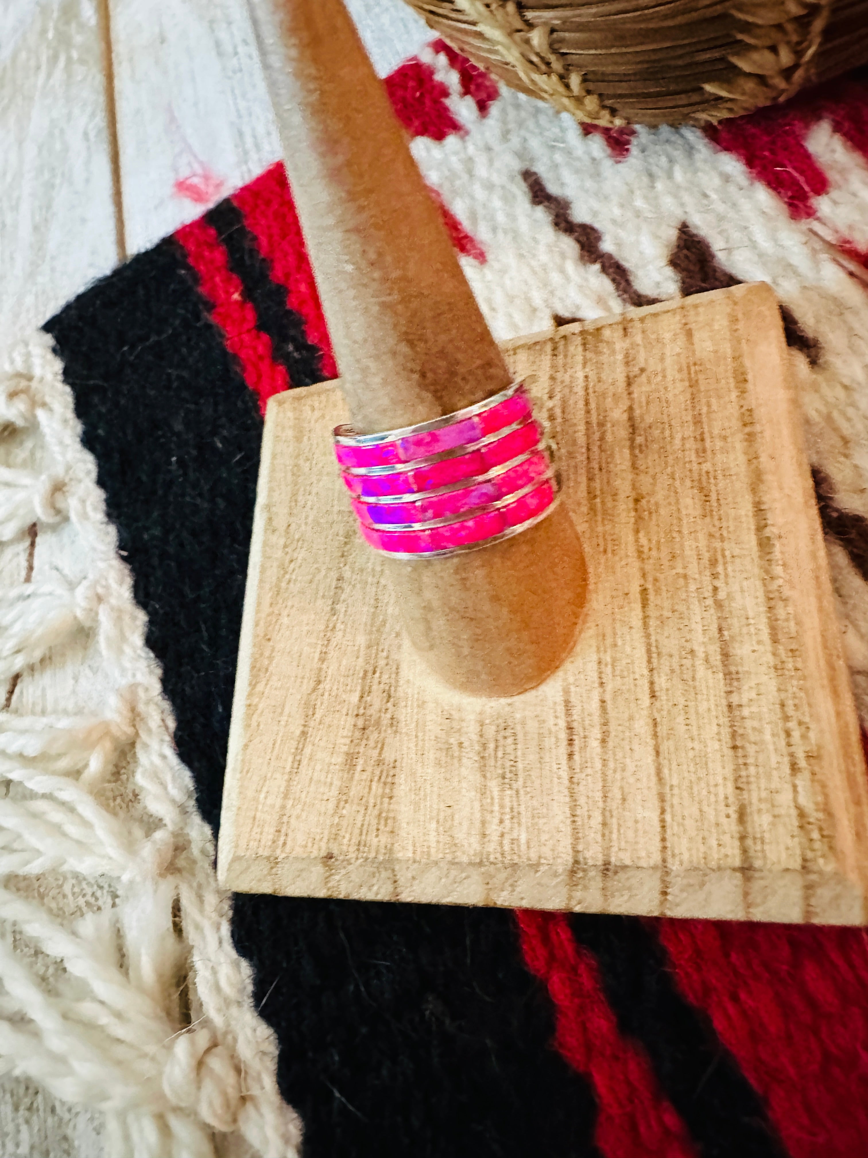 Handcrafted Sterling Silver & Pink Opal Inlay 4 Row Band Ring