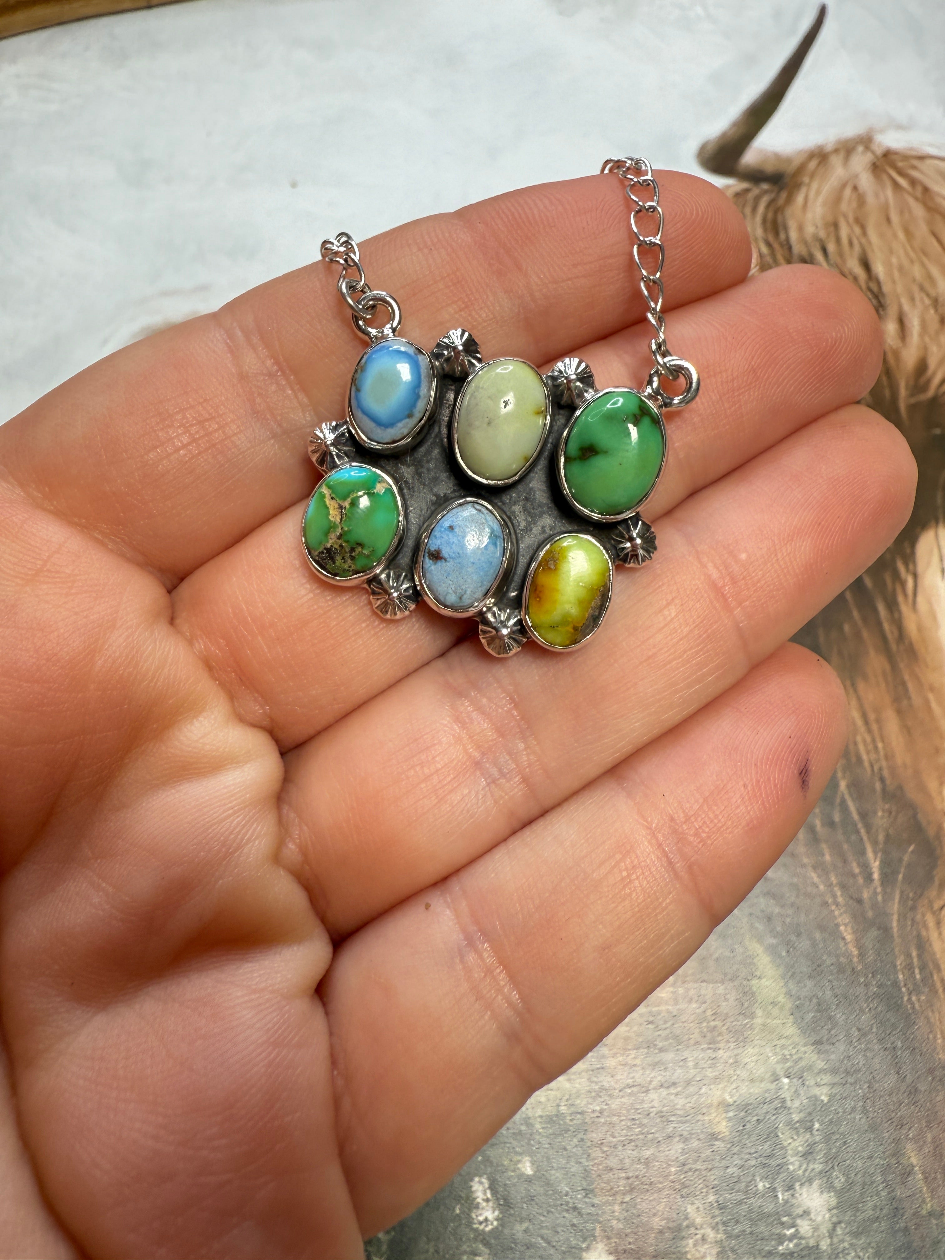 Handmade Sterling Silver, Sonoran Mountain, Palomino, Golden Hills Turquoise Cluster Bar Necklace