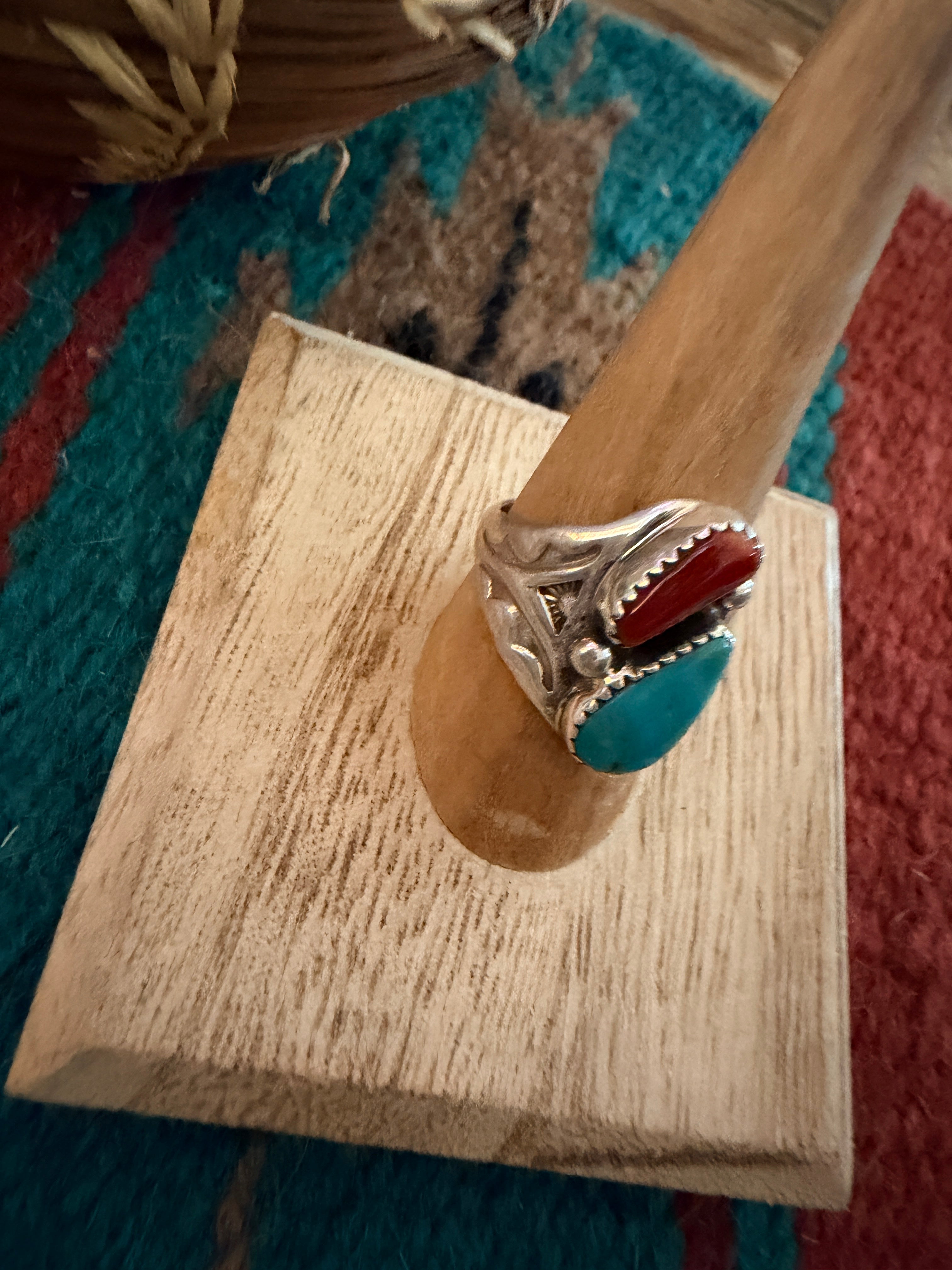 Handcrafted Turquoise, Coral & Sterling Silver Ring Size 8.25