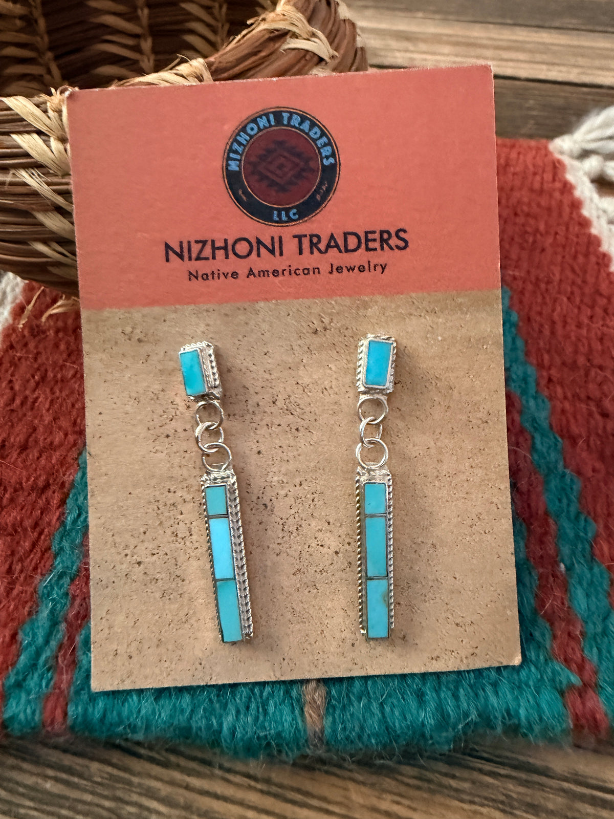 Handcrafted Turquoise & Sterling Silver Inlay Dangle Earrings