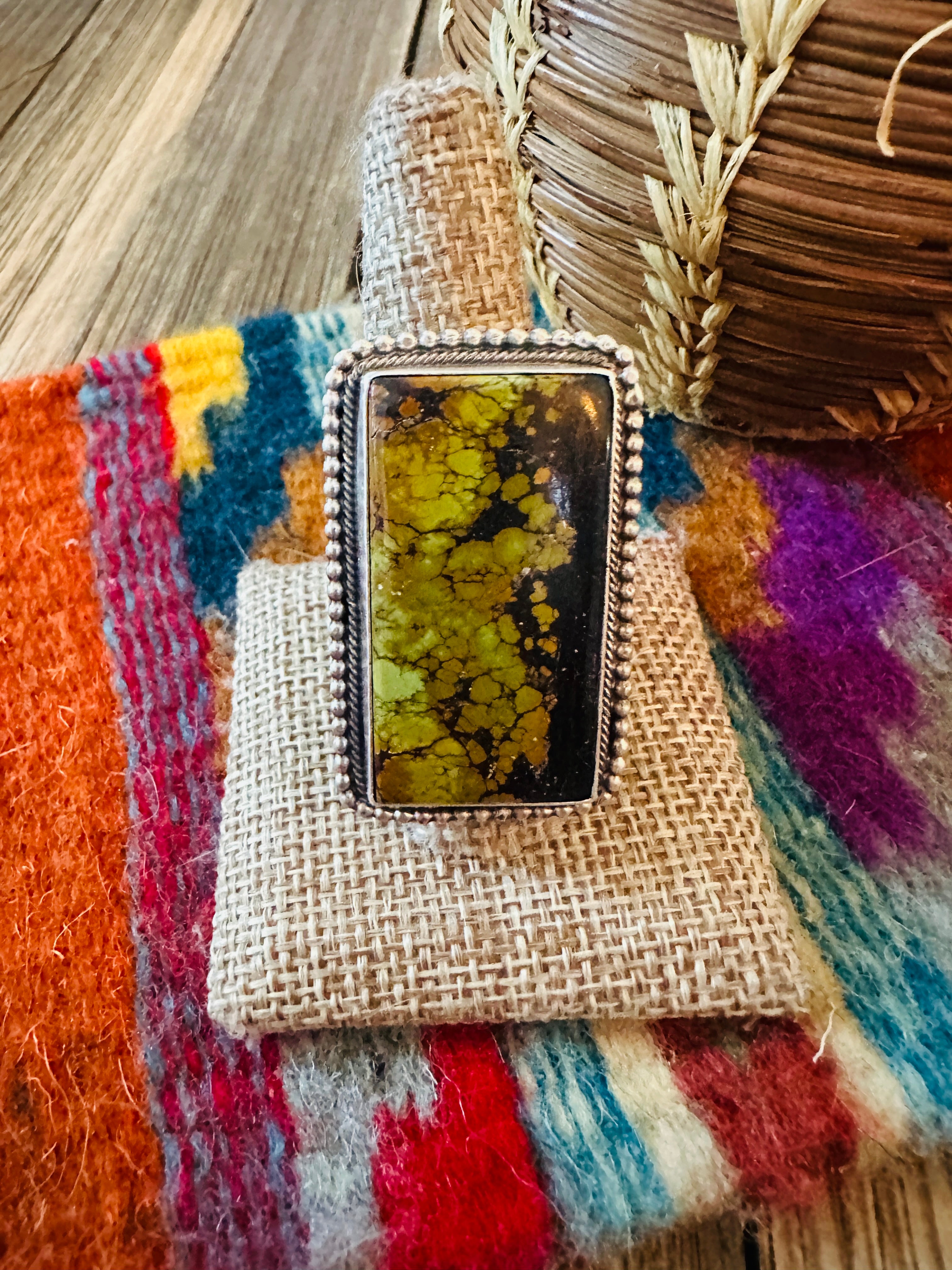 Handcrafted Blackjack Turquoise & Sterling Silver Ring Size 9.75