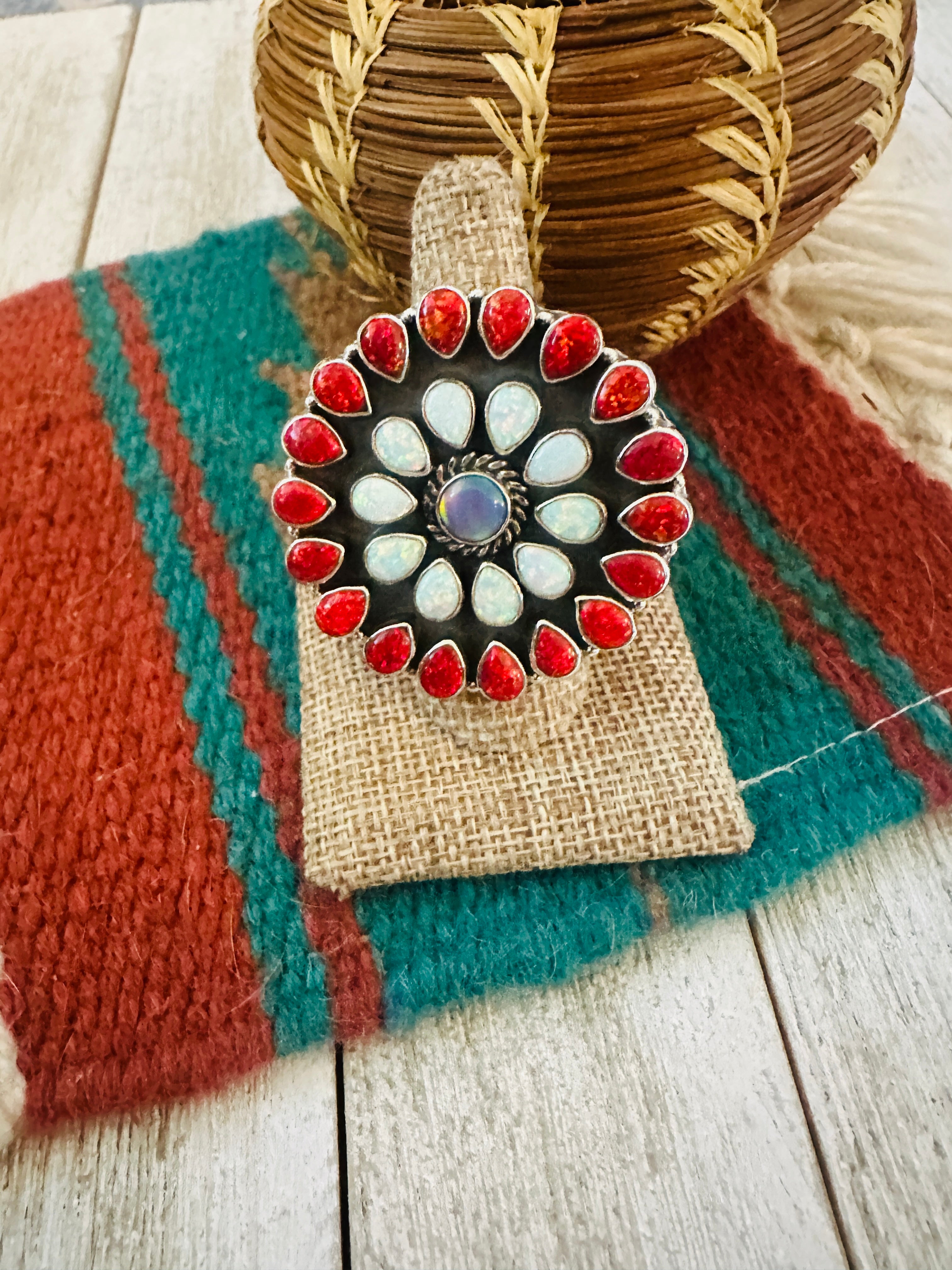 ** Christmas Collection ** Handmade Sterling Silver, Coral & Opal Adjustable Ring Signed Nizhoni