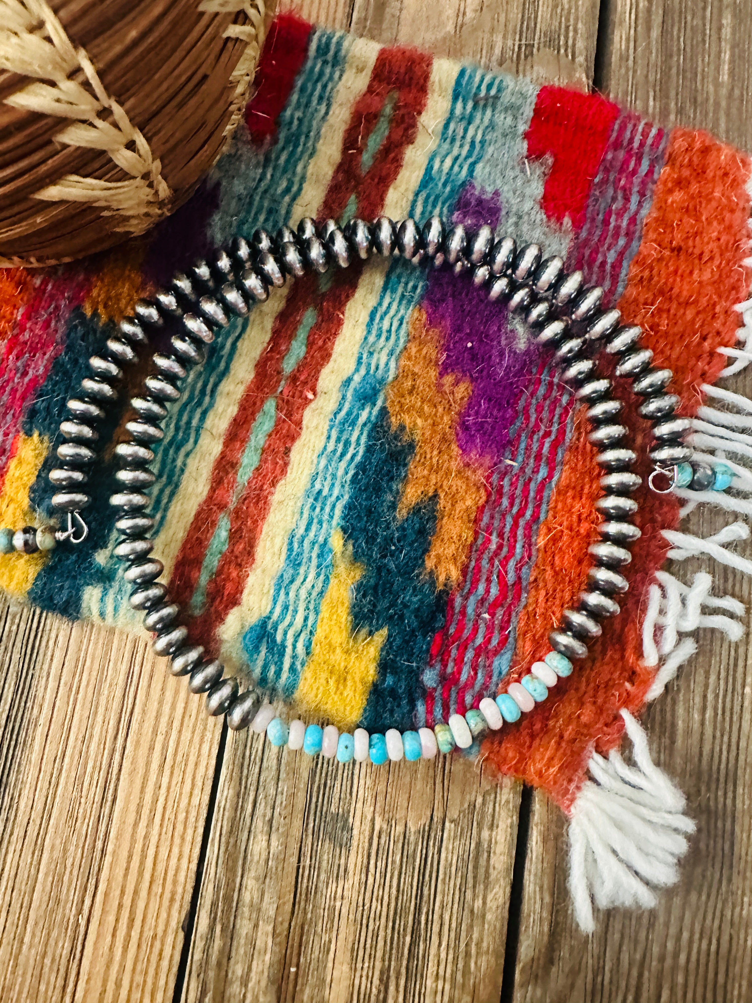 Handcrafted Turquoise, Queen Pink Conch & Sterling Silver Beaded Wrap Choker Necklace