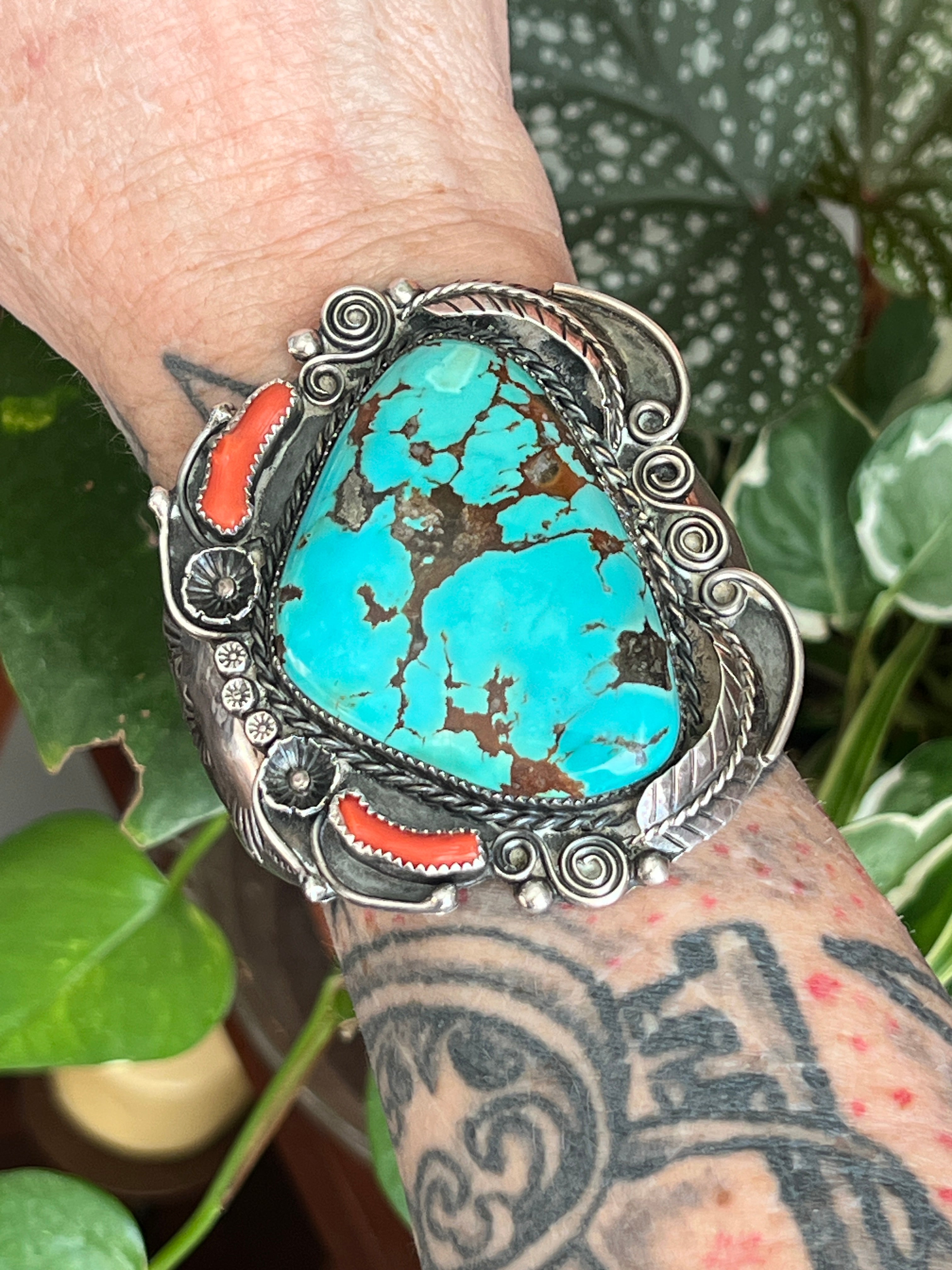 Handcrafted Vintage Sterling Silver, Turquoise and Coral Cuff Bracelet, Unsigned /