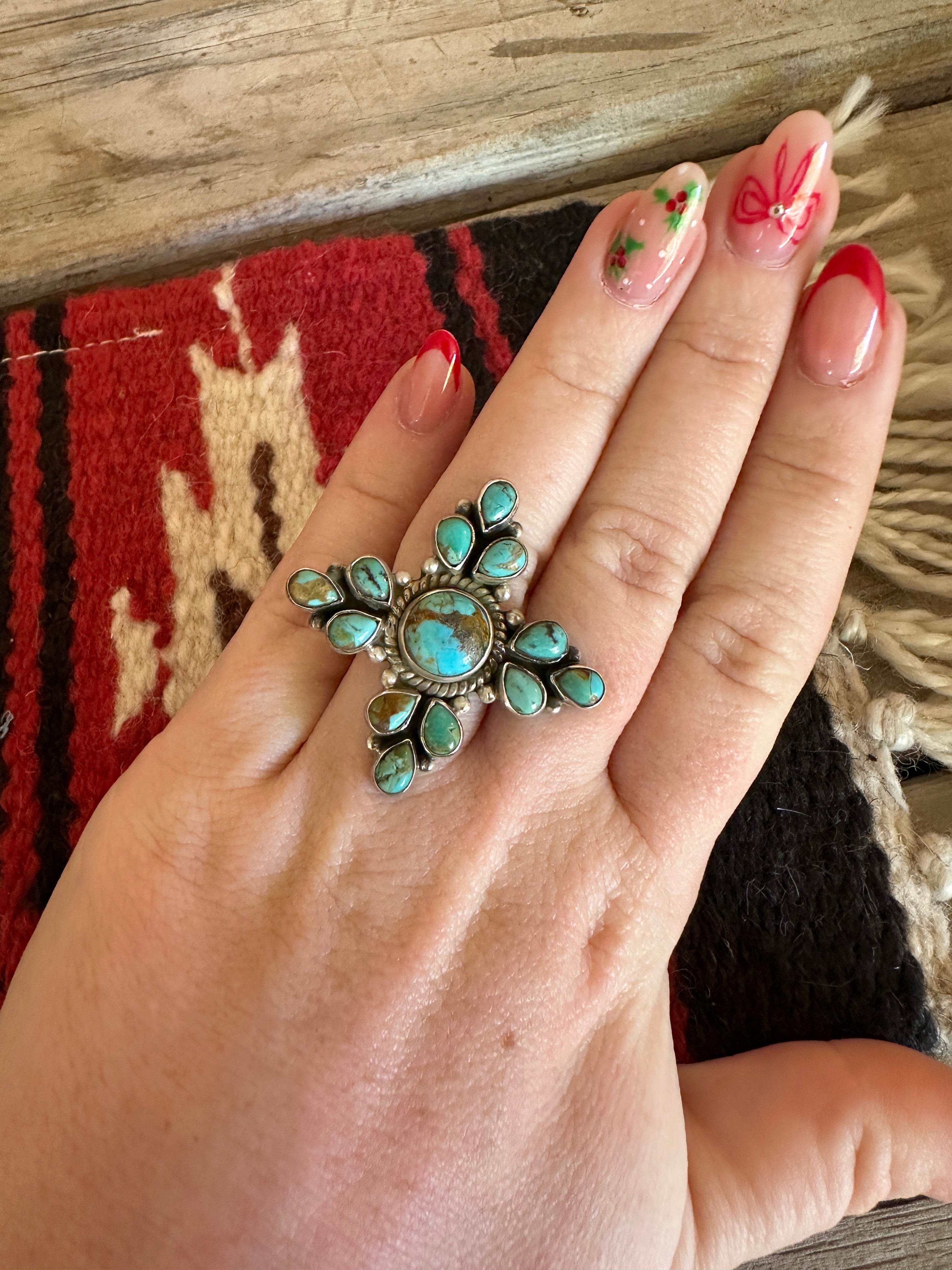 Beautiful Handmade Turquoise And Sterling Silver Adjustable CROSS Ring