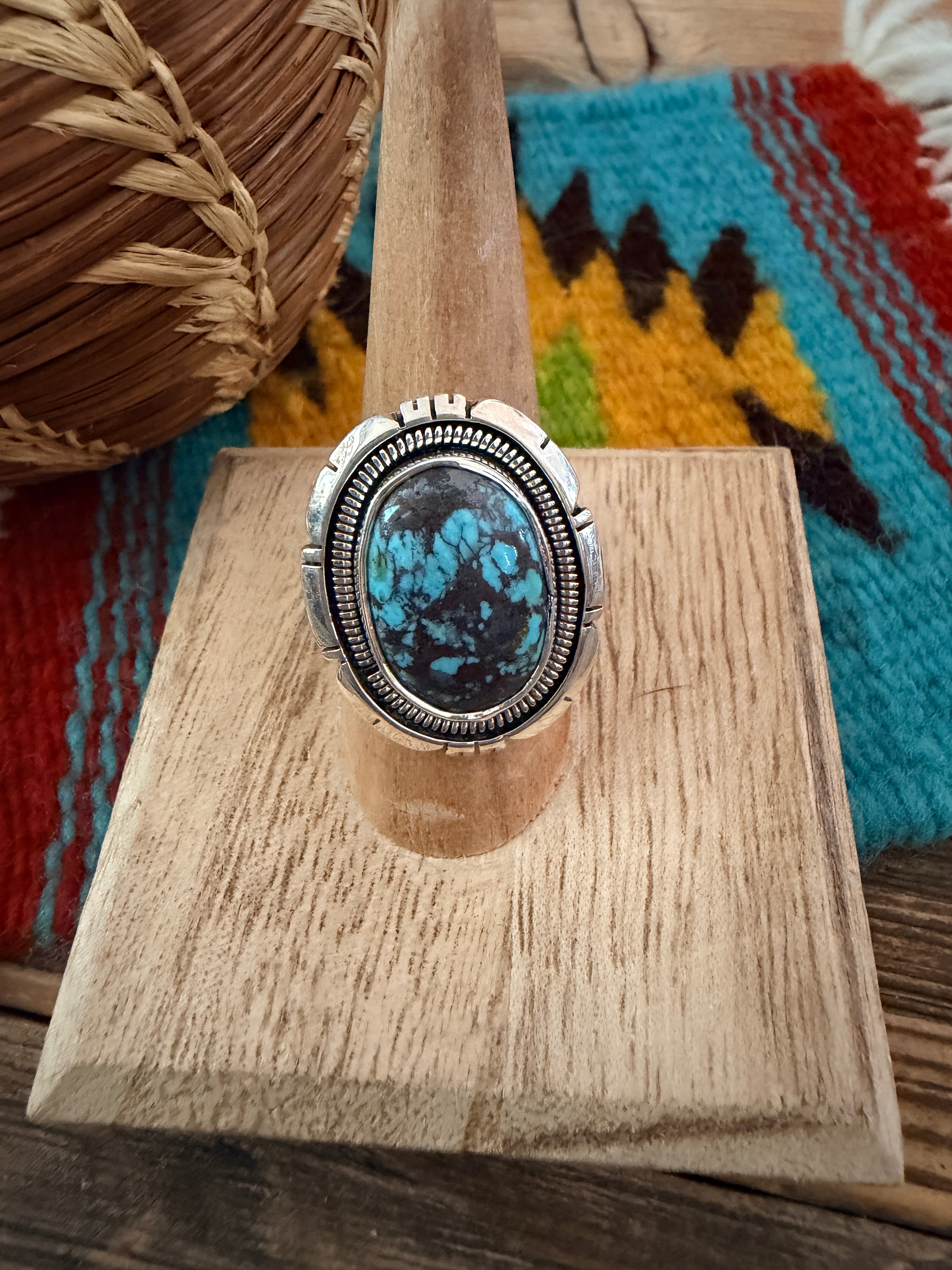 Handcrafted Turquoise & Sterling Silver Ring Size 8 by Wydell Billie
