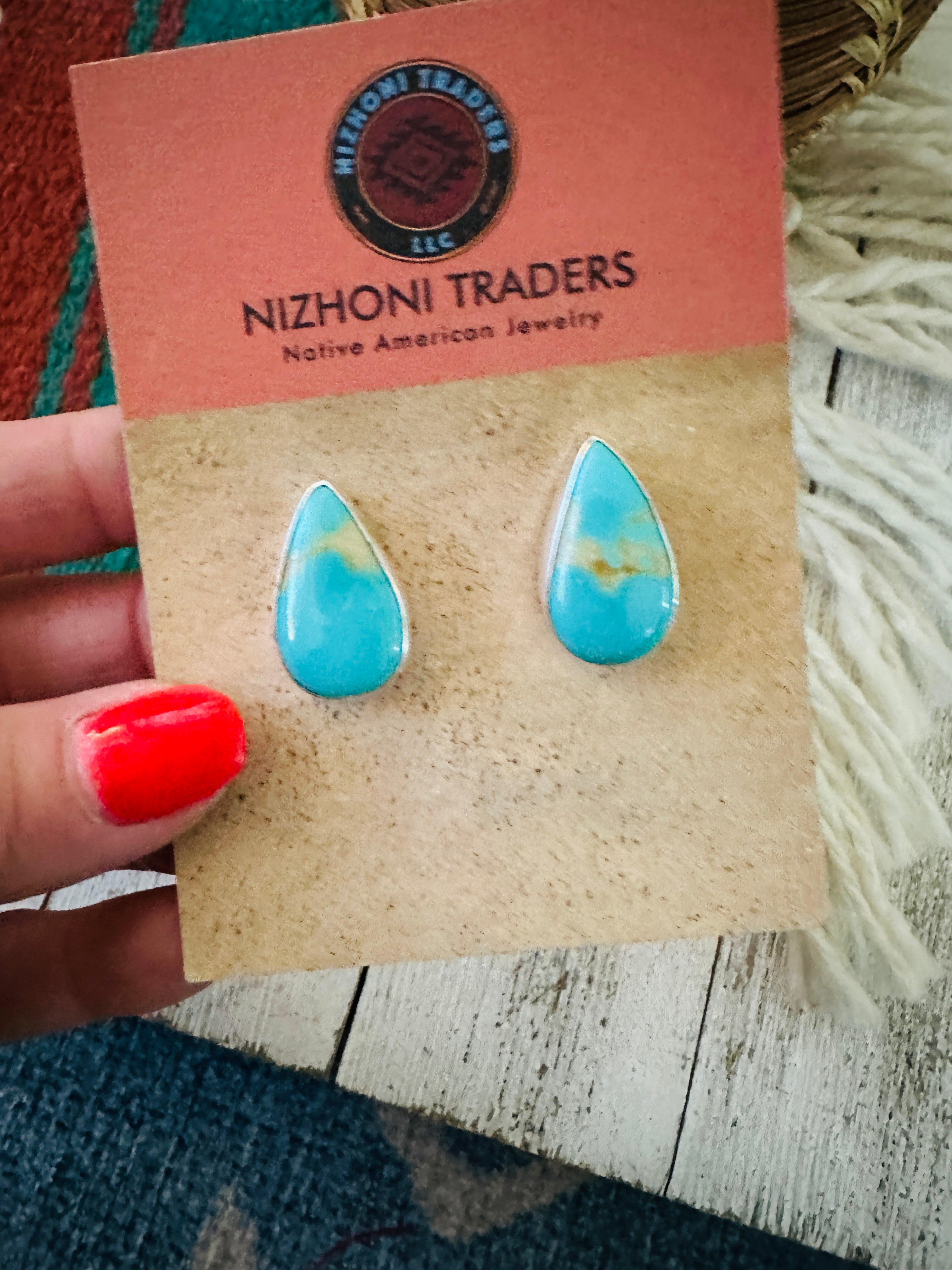 Handcrafted Turquoise & Sterling Silver Teardrop Post Earrings