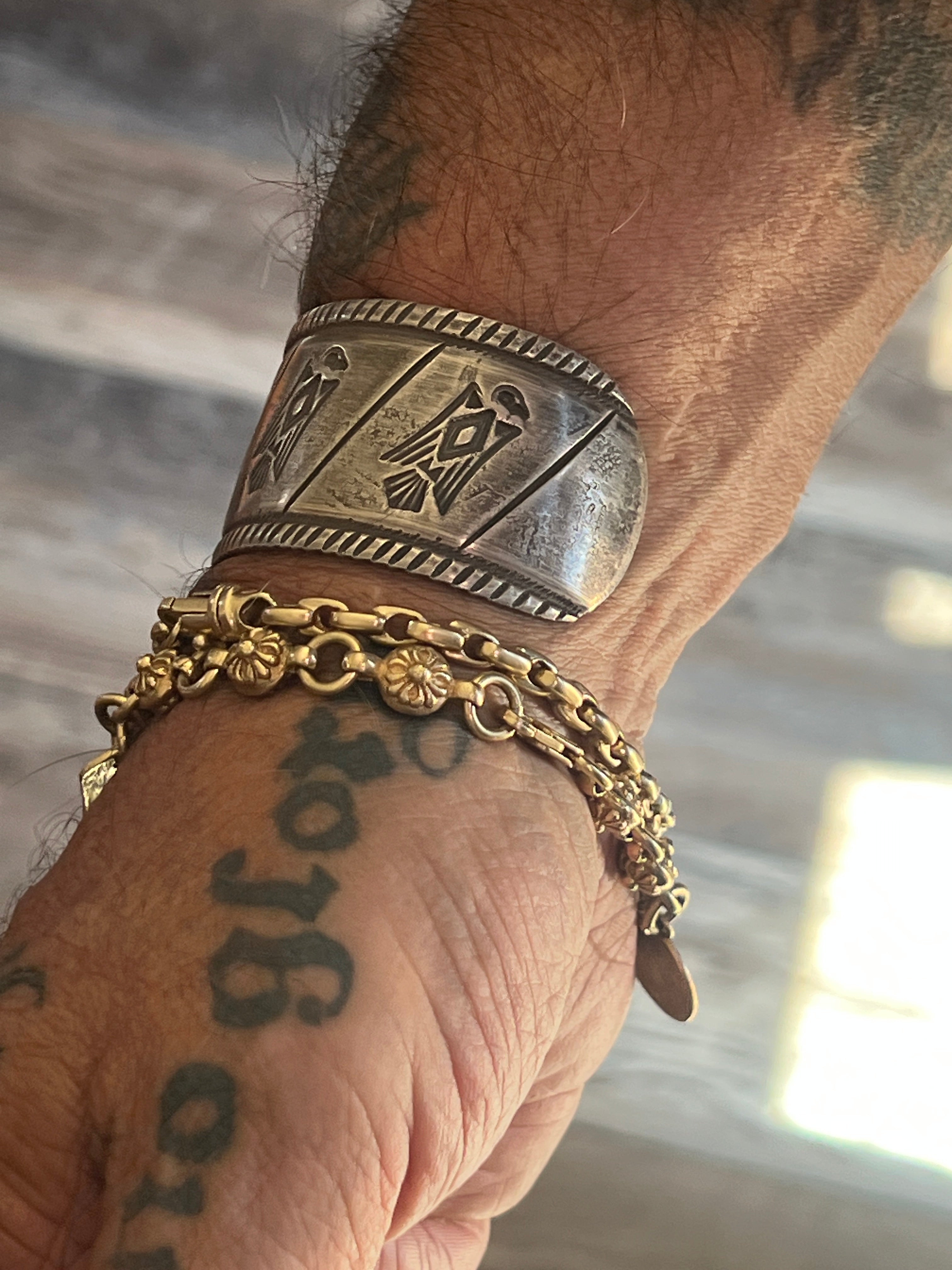 Handcrafted & Hand Forged Old Pawn Sterling Silver Ingot Cuff Bracelet by Santa Fe Artist, Buffalo: The Birds