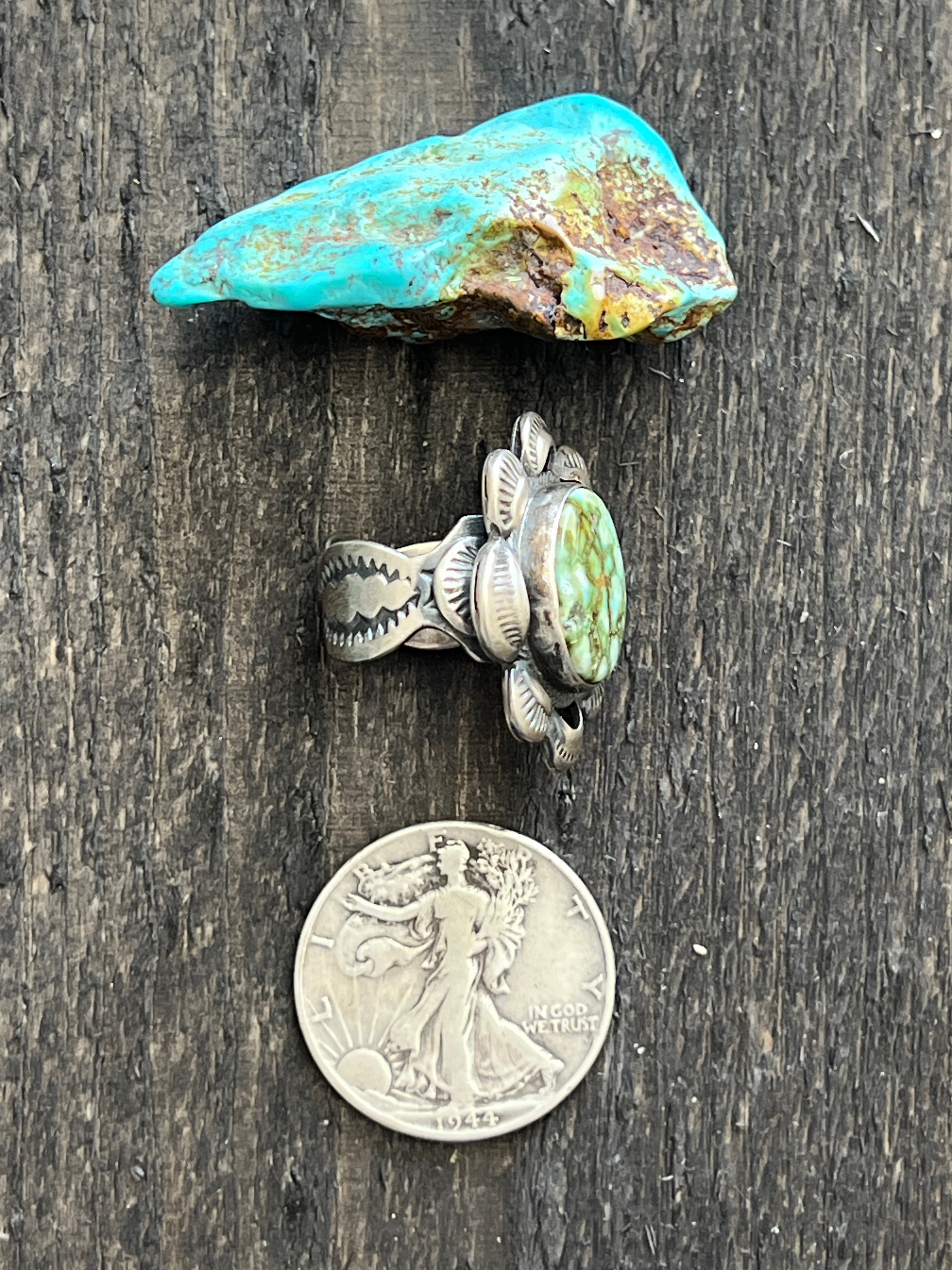 Handcrafted Sterling Silver and Natural Pilot Mountain Turquoise Single Stone Ring by Gilbert Tom, Size 8