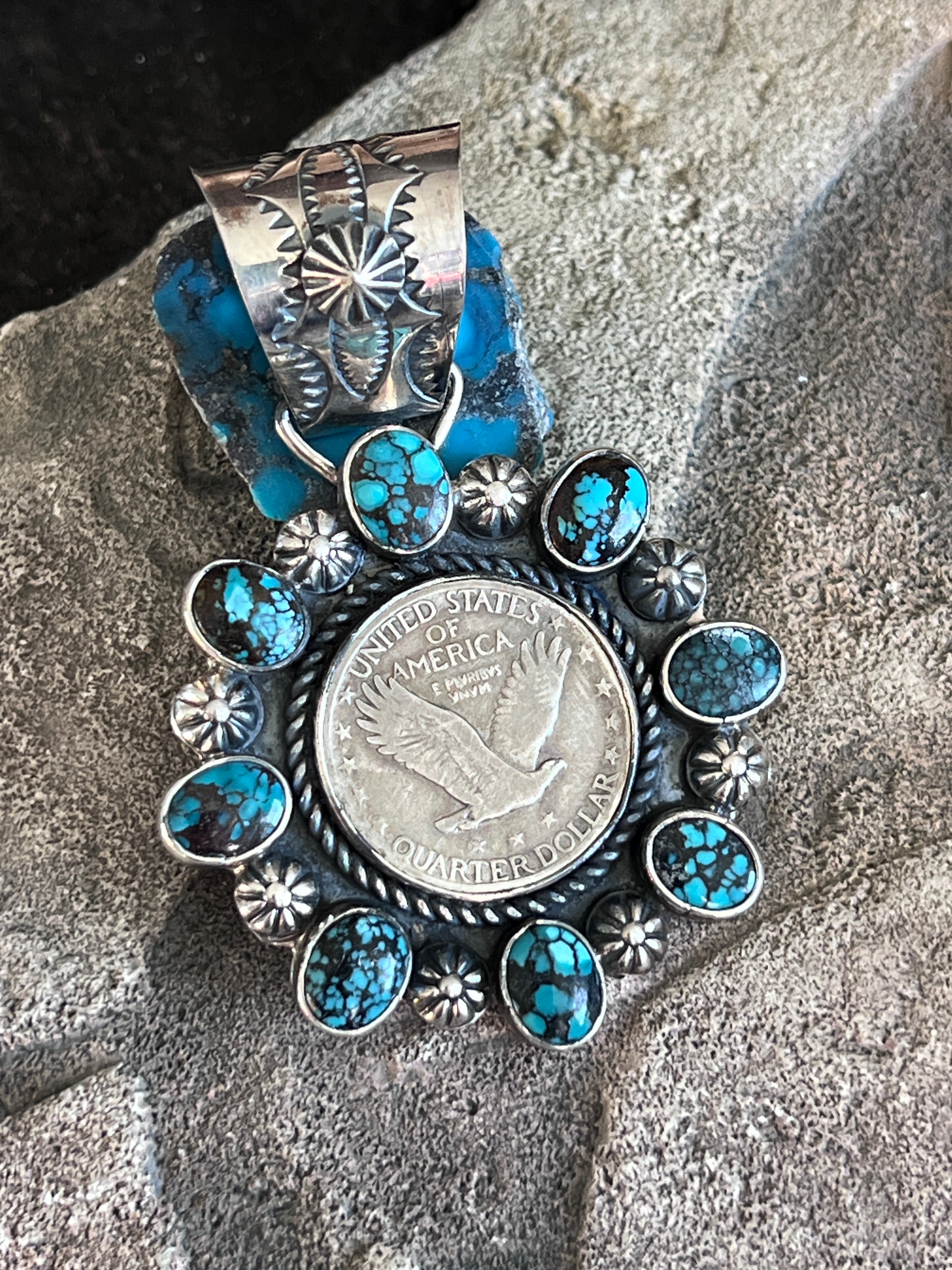 Rosella Paxson Sterling Silver, Liberty Quarter and Hubei Turquoise Cluster Pendant