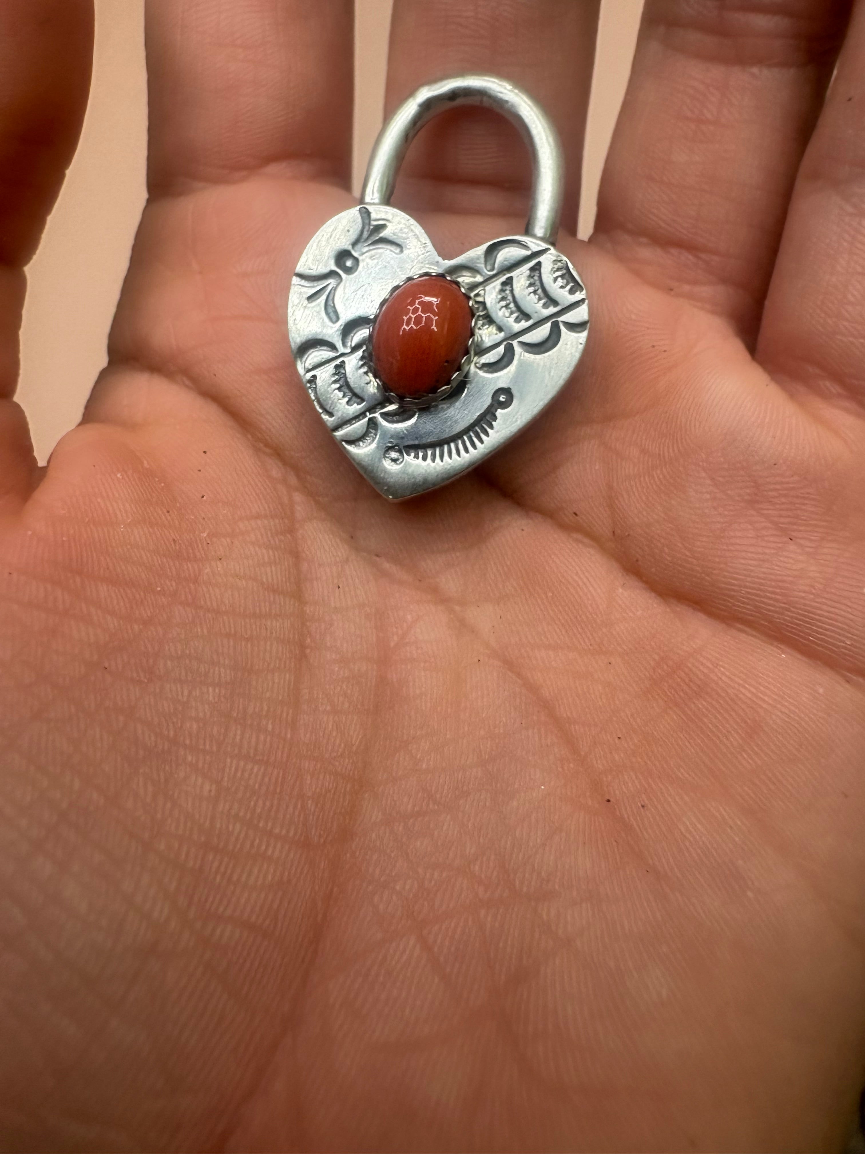 Sterling Silver Heart Padlock Pendant with Coral Stone