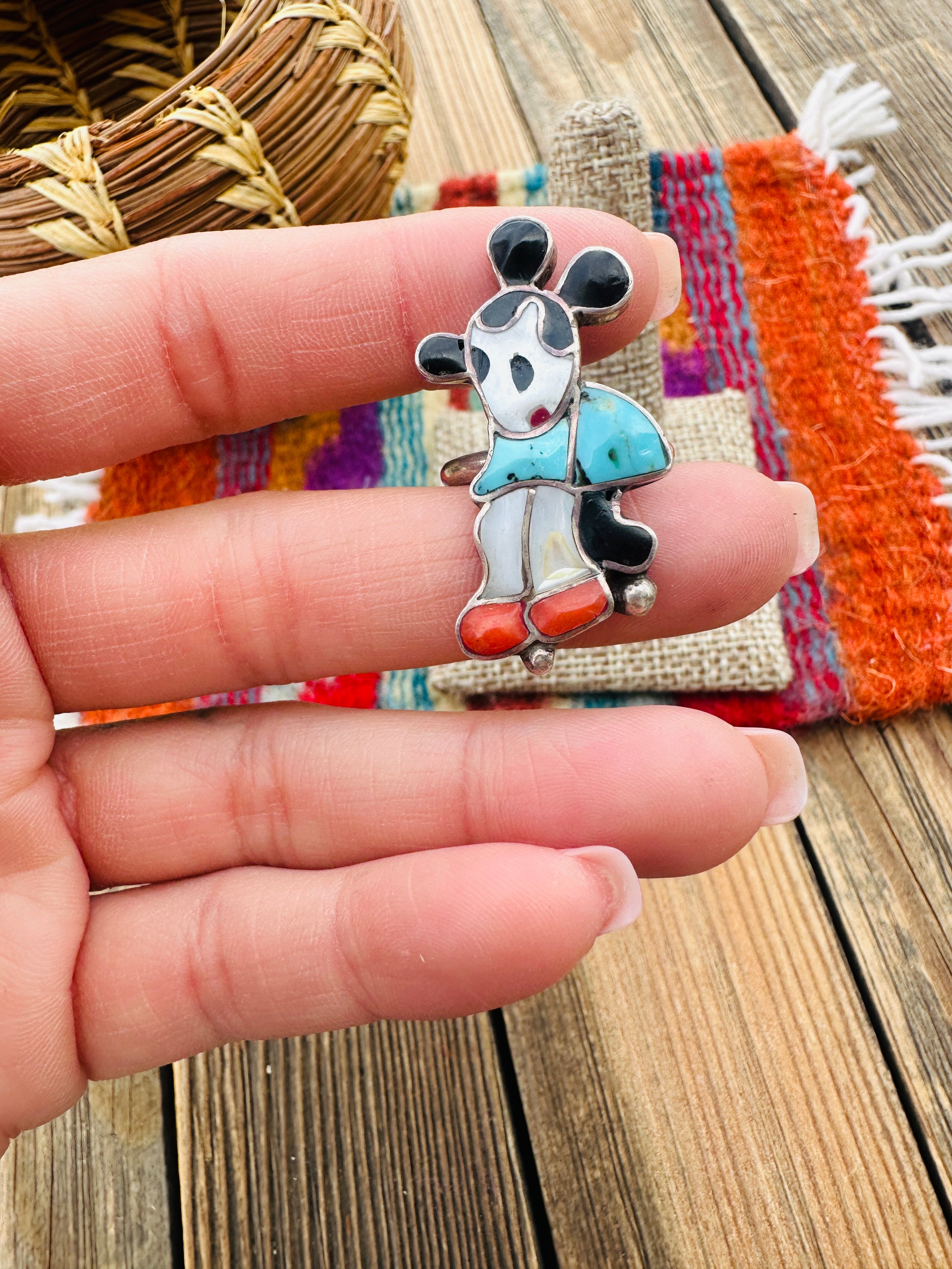 Old Pawn Handcrafted Multi Stone & Sterling Silver Character Ring Size 5.5