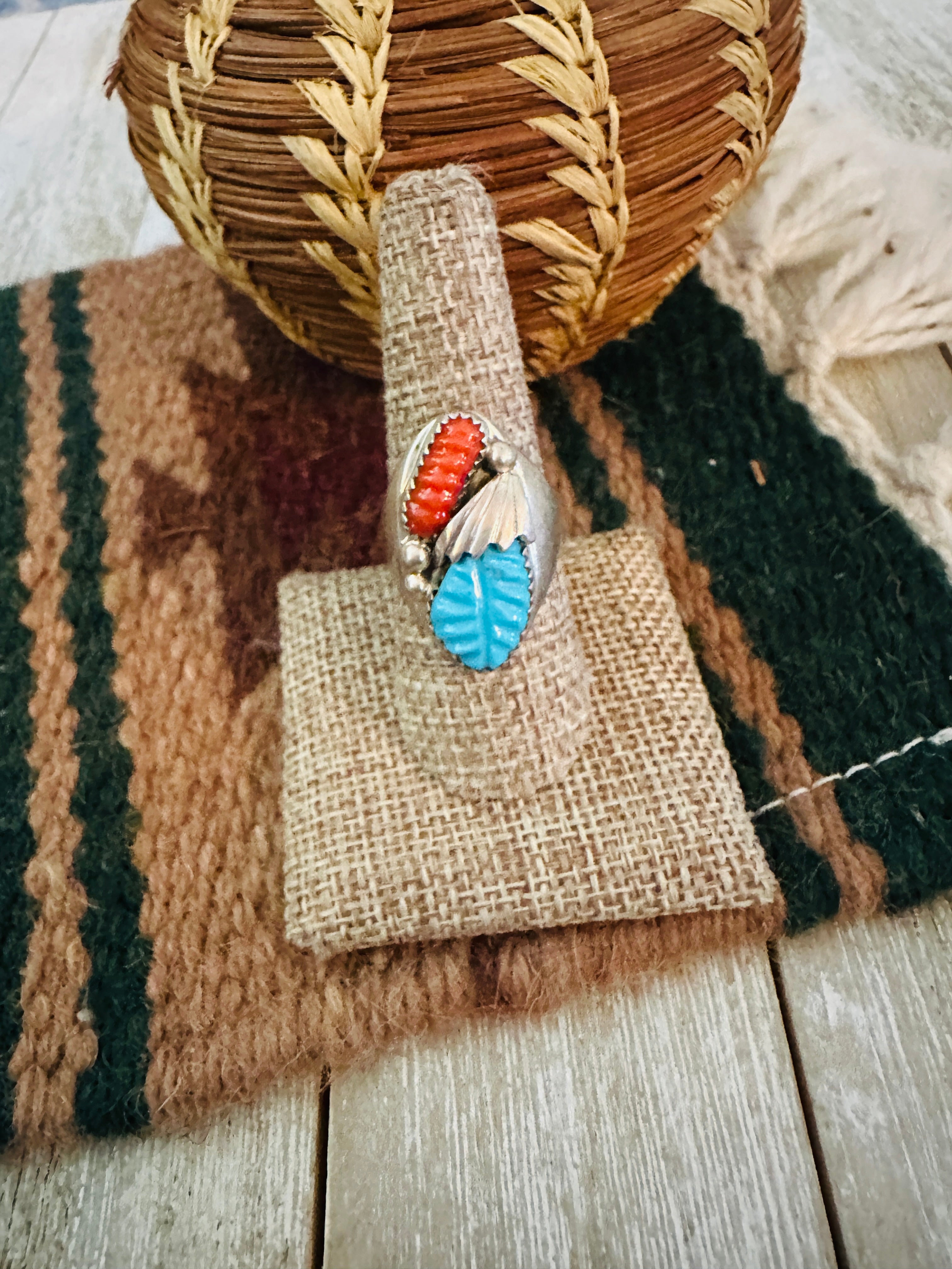 Old Pawn Handcrafted Turquoise, Coral & Sterling Silver Ring Size 8.75