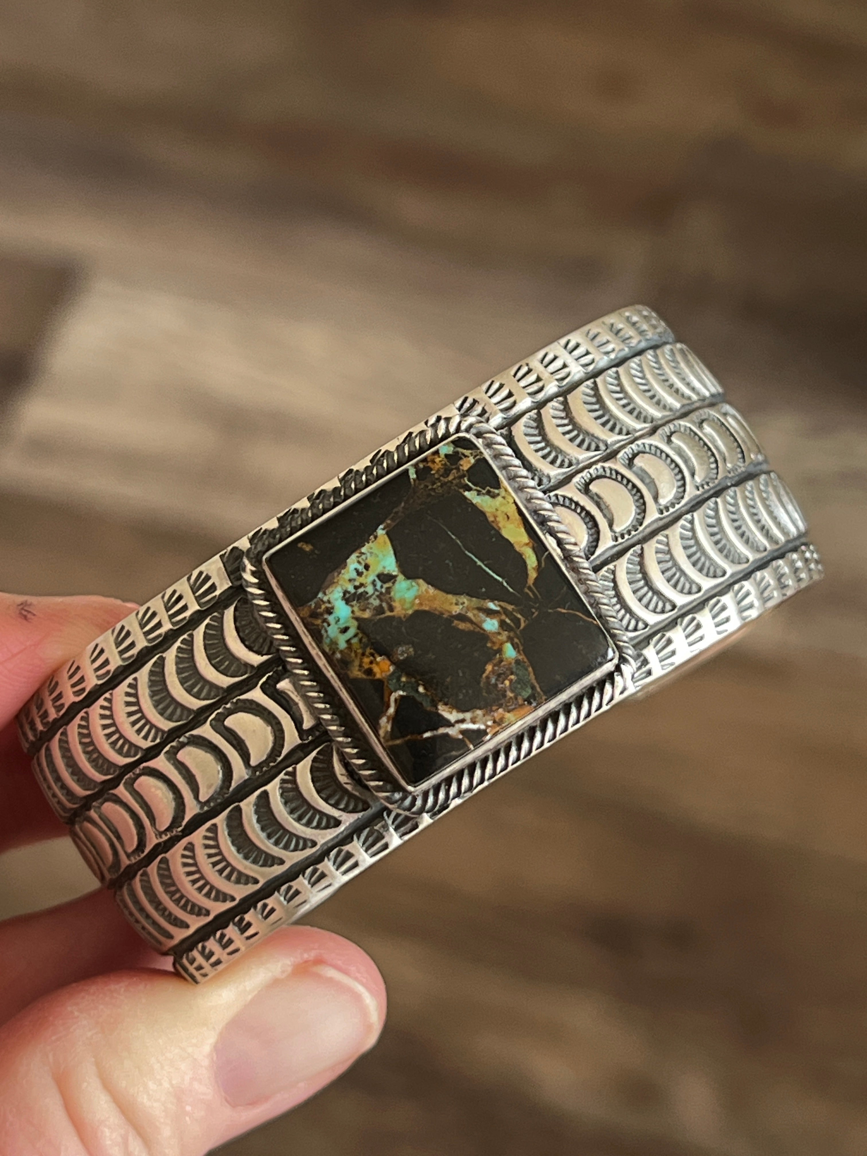 Handcrafted Sterling Silver and Blackjack Turquoise Hand Stamped Cuff Bracelet by Randy Boyd