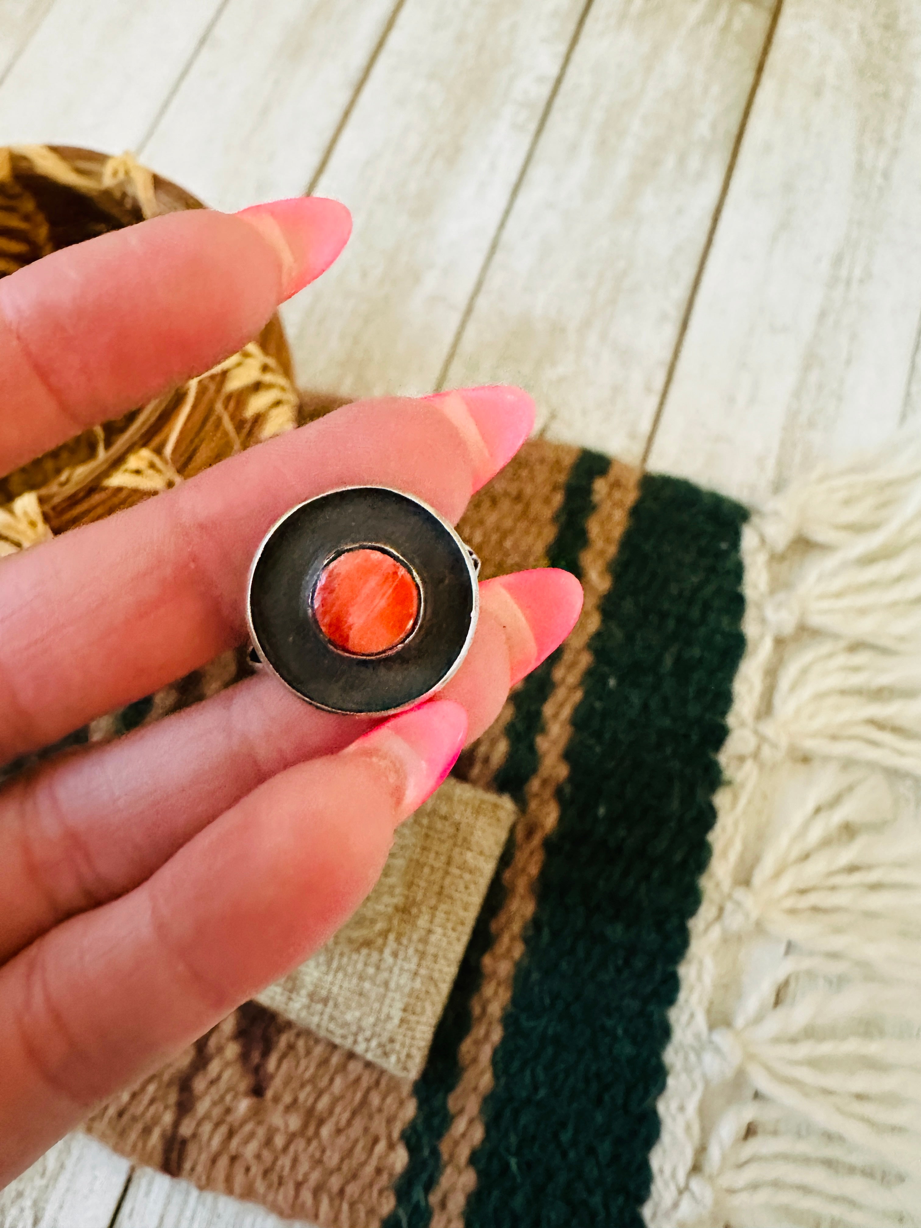 Handcrafted Old Pawn Sterling Silver & Red Spiny Ring Size 9.25
