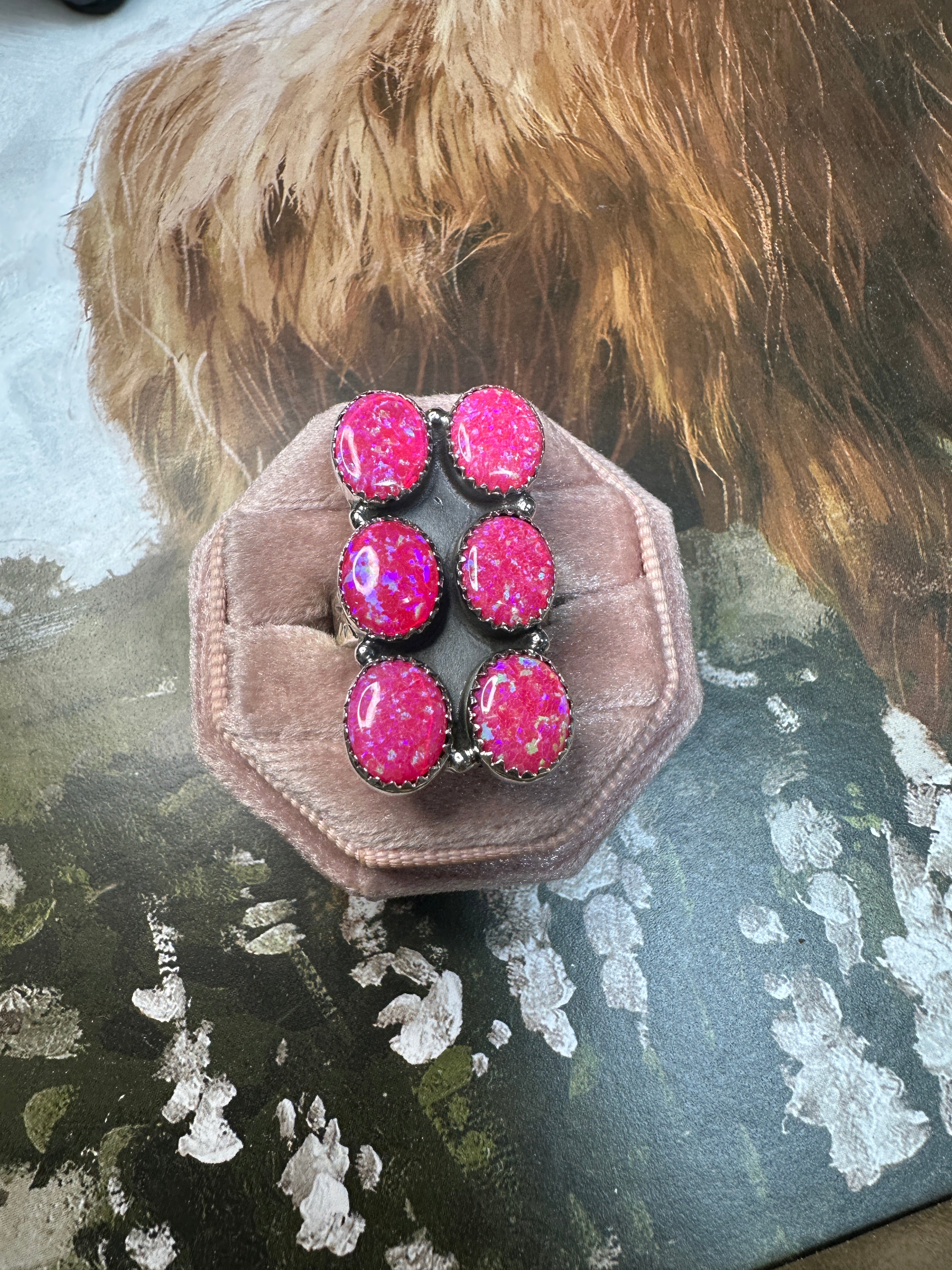 Handmade Pink Fire Opal And Sterling Silver Adjustable 6 Stone Ring